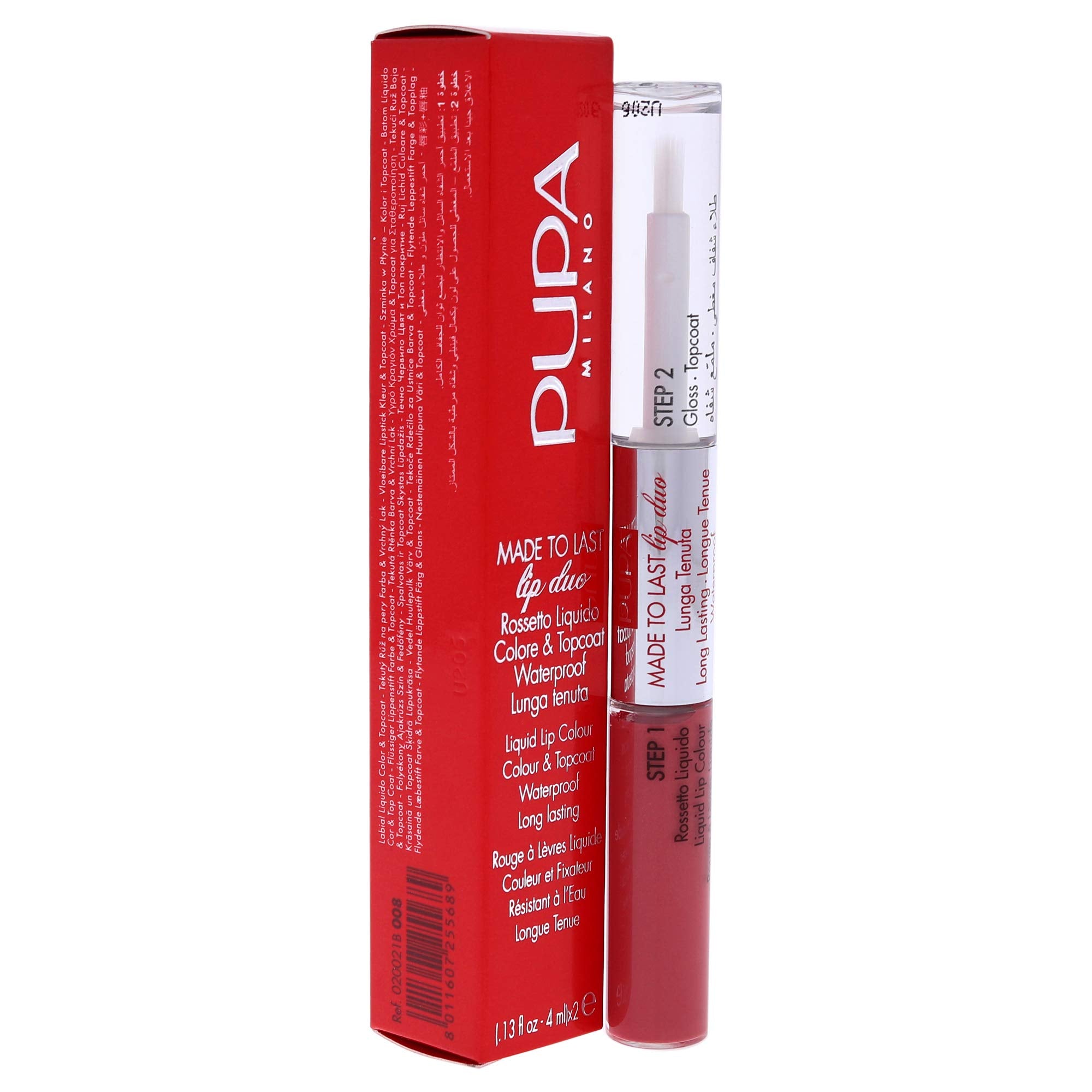 Pupa Milano Made To Last Lip Duo - Comfortable Liquid Lip Color with Top Coat - Waterproof - Long Lasting Hold - Ultra Shiny, Latex Effect Make-Up Result - 008 Miami Pink - 0.13 Oz