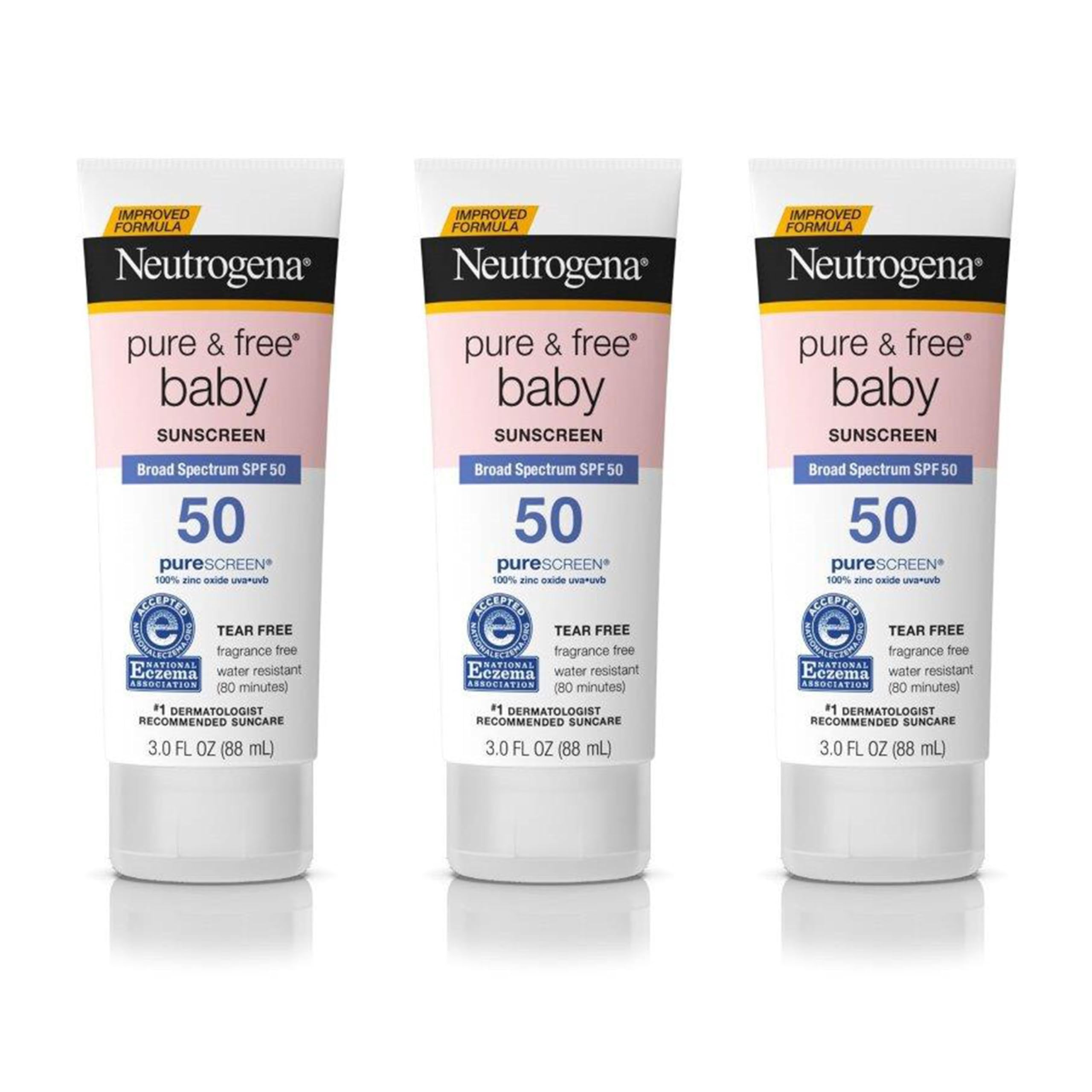 Neutrogena Pure & Free Baby Mineral Sunscreen Lotion with Broad Spectrum SPF 50 & Zinc Oxide, Water-Resistant, Hypoallergenic & Tear-Free Baby Sunscreen, Paraben-Free, Dye-Free, 3 fl. oz, 3 Pack