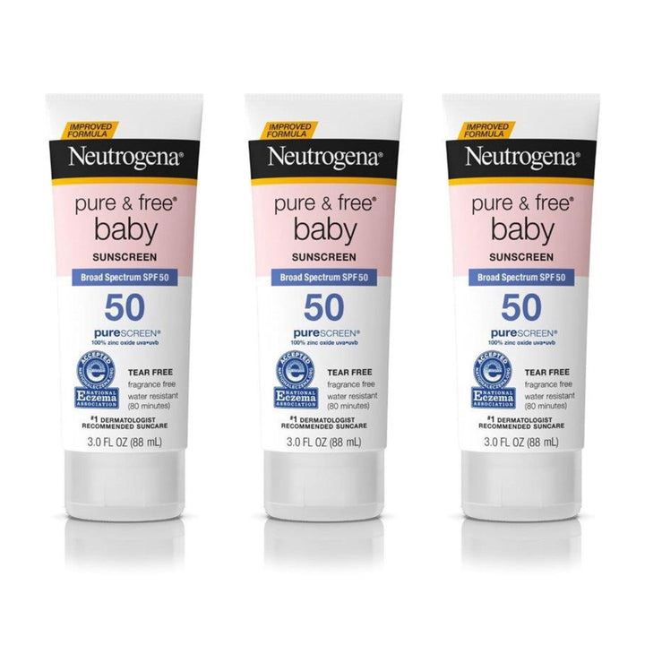 Neutrogena Pure & Free Baby Mineral Sunscreen Lotion with Broad Spectrum SPF 50 & Zinc Oxide, Water-Resistant, Hypoallergenic & Tear-Free Baby Sunscreen, Paraben-Free, Dye-Free, 3 fl. oz, 3 Pack