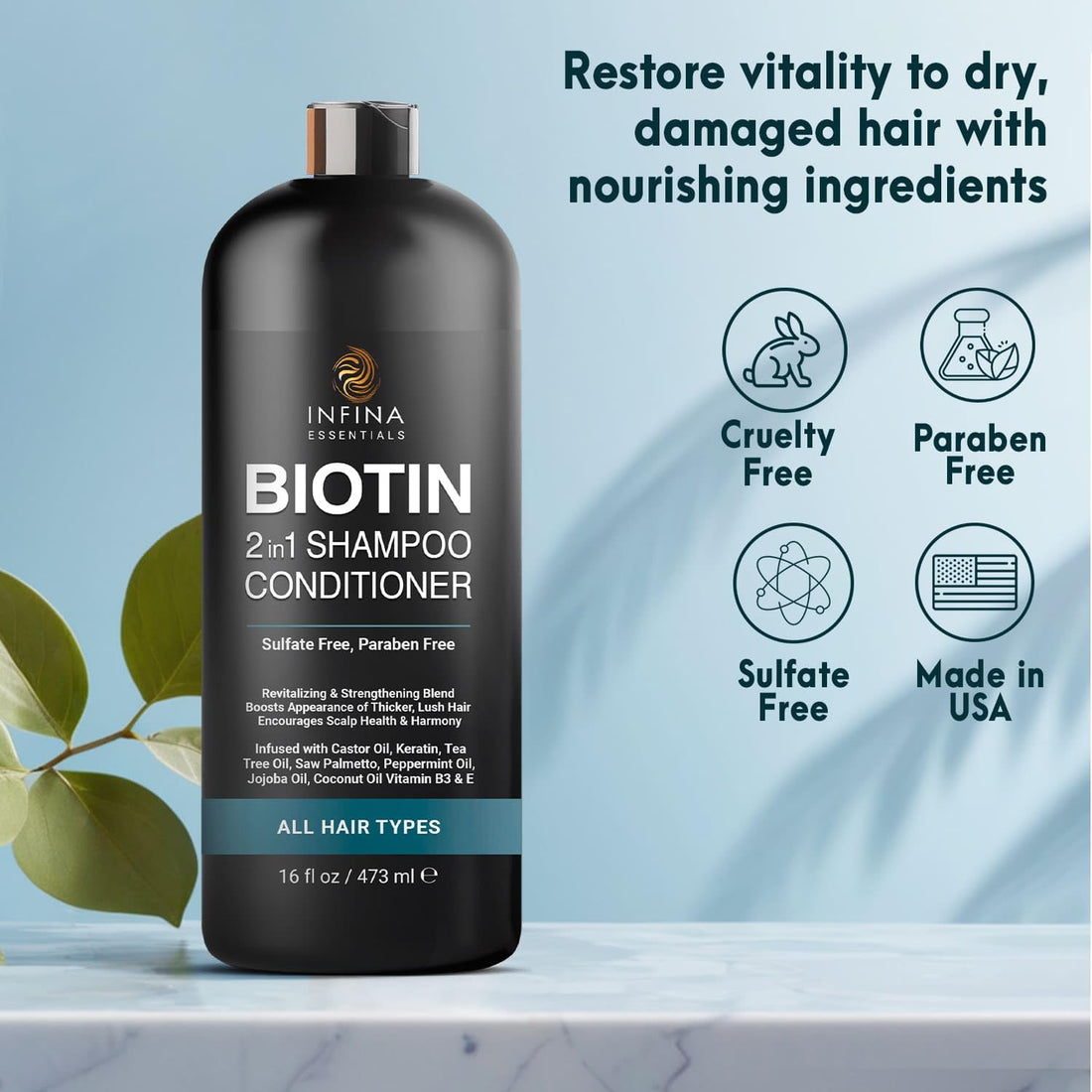 INFINA ESSENTIALS Biotin 2-in-1 Shampoo and Conditioner for Men & Women – Hair Thickening & Strengthening Shampoo with Saw Palmetto, Keratin, Caffeine & Vitamin E – Convenient Daily Use – 16 fl oz