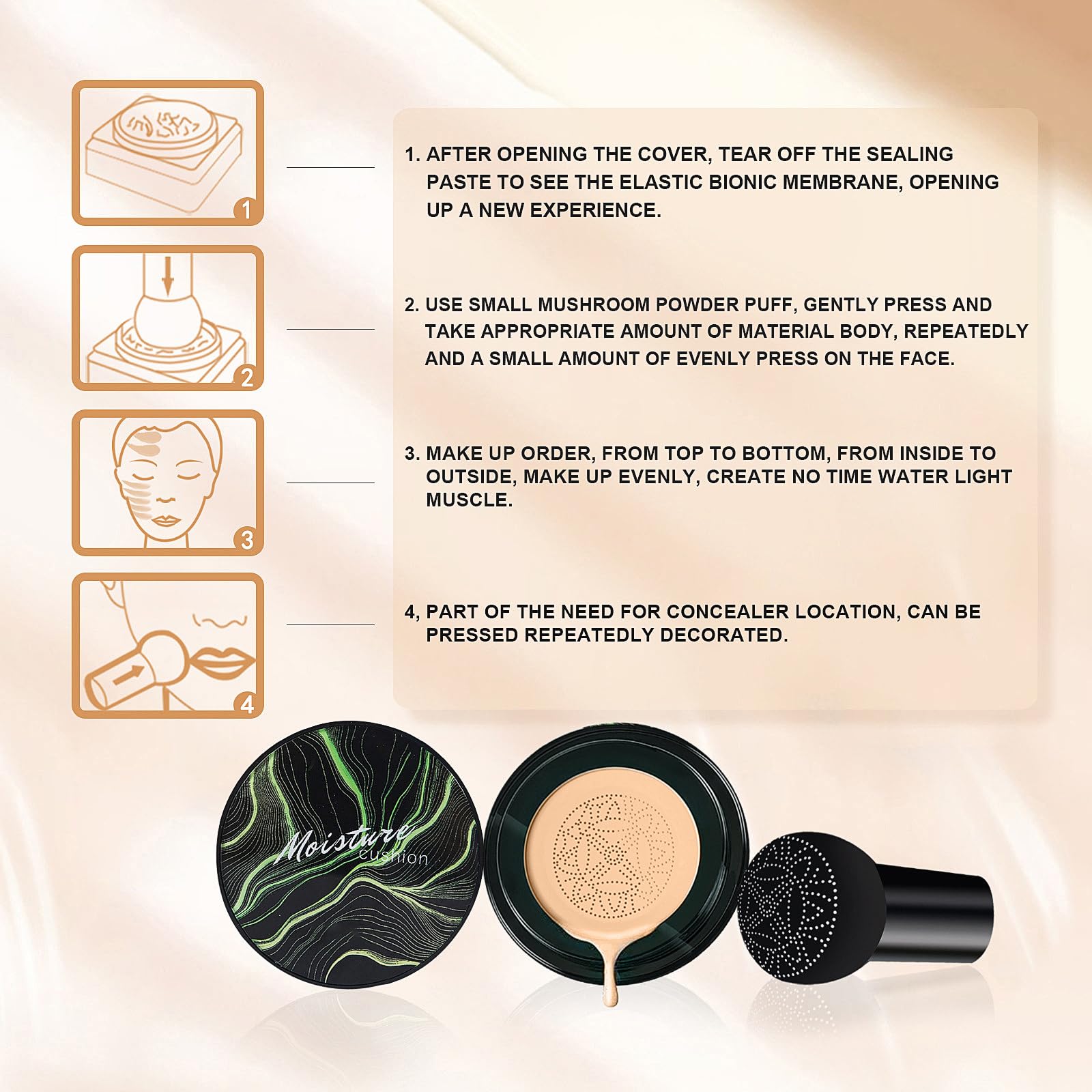 Mushroom Head Air Cushion CC Cream - Moisturizing & Oil Control BB Cream Foundation Create Long-Lasting, Waterproof Makeup Base Primer, Concealer Full Coverage for All Skin Types (Ivory)