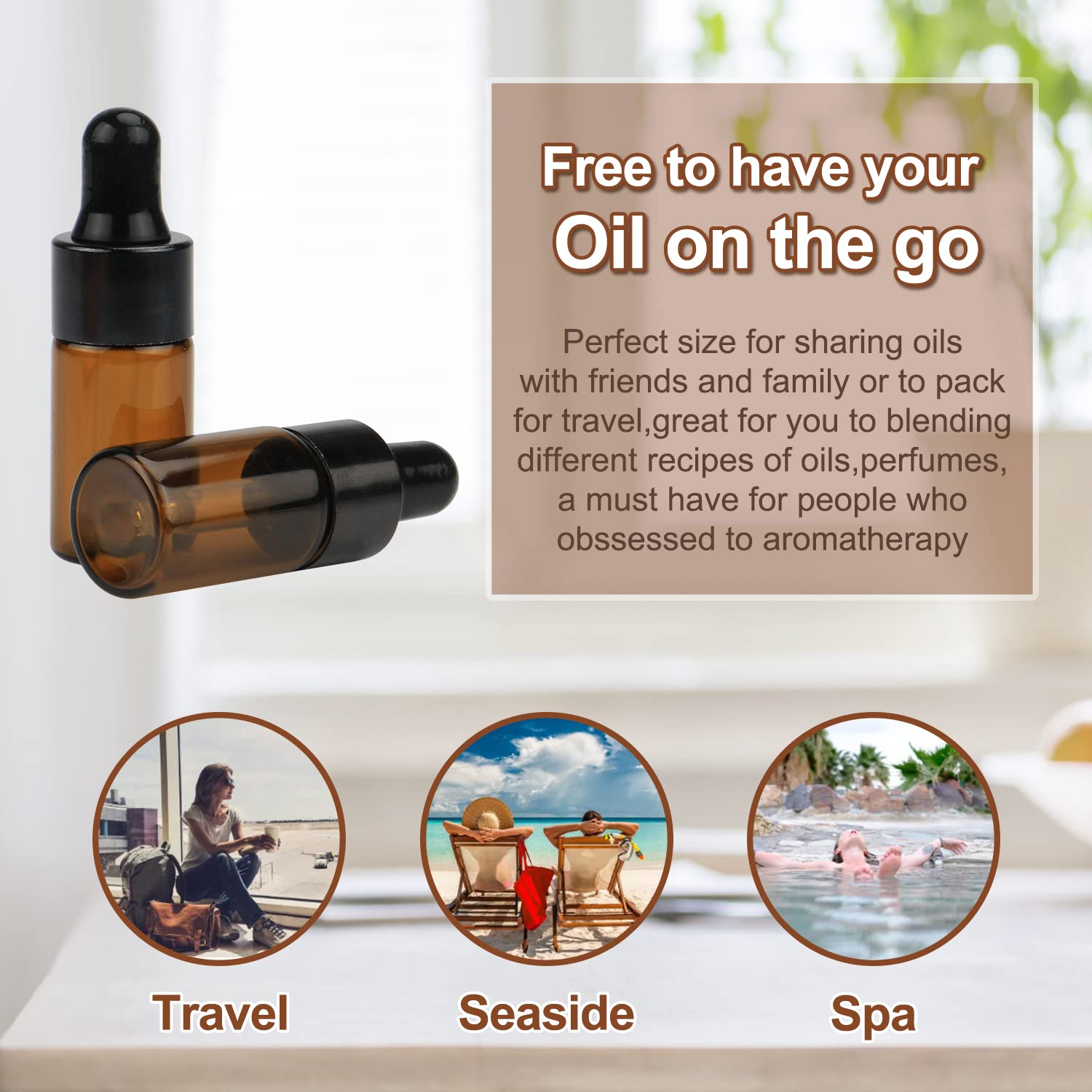 Pack of 100,3ml Amber Glass Dropper Bottle,Empty Sample Vial Glass Eye Dropper Aromatherapy Liquid Perfume Essential Oil Bottles with Glass pipette&Black Aluminum caps-Pipette&Funnel included