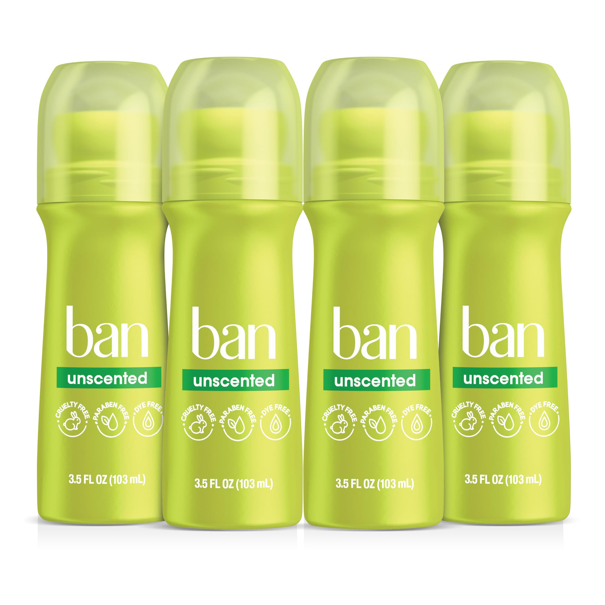 Ban Original Unscented 24-hour Invisible Antiperspirant, 3.5oz Roll-on Deodorant, 4-pack, Underarm Wetness Protection, with Odor-fighting Ingredients