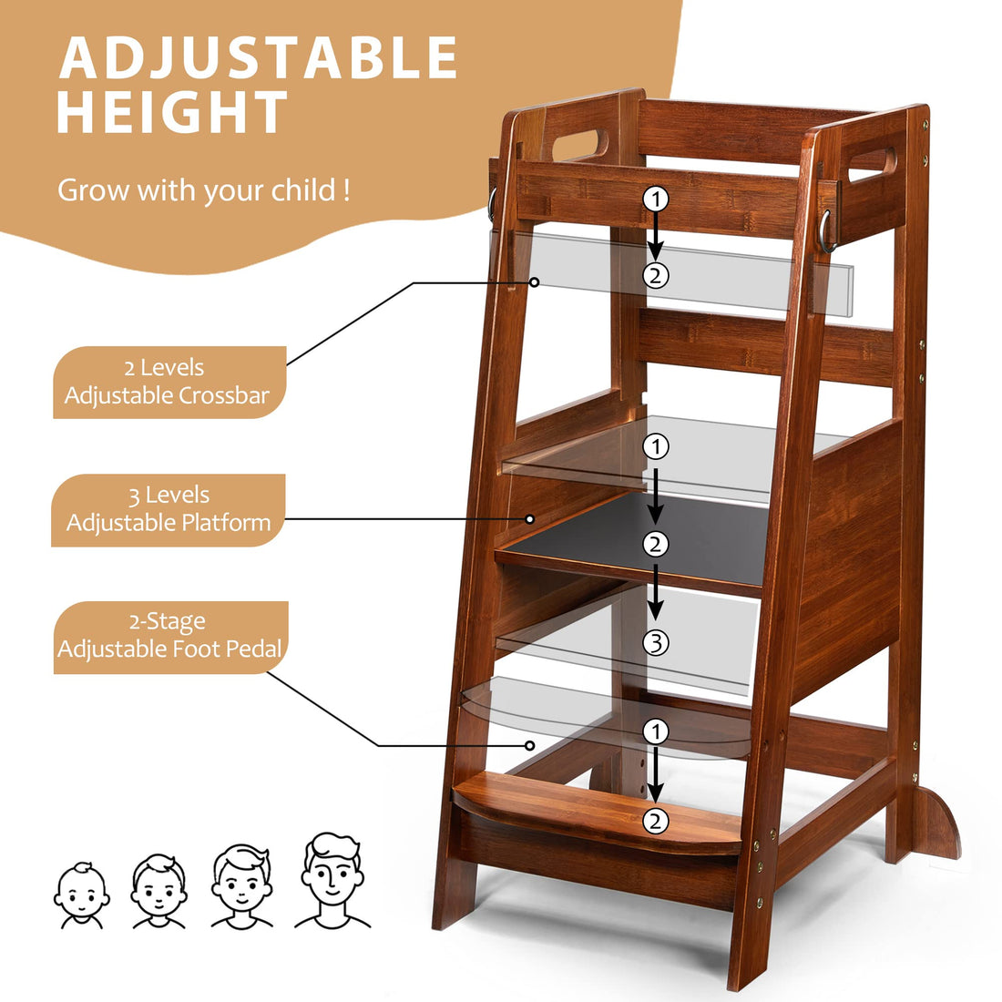 TOETOL Bamboo Toddler Kitchen Step Stool Helper Standing Tower Height Adjustable with Anti-Slip Protection