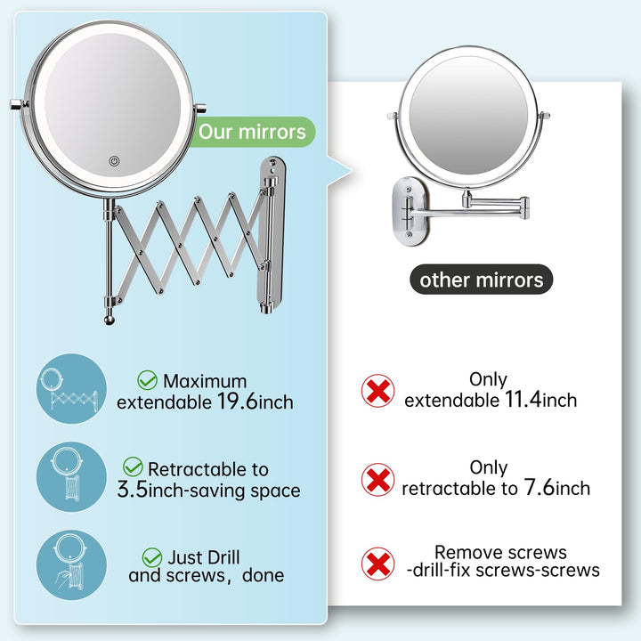 Rechargeable Wall Mounted Makeup Mirror - 8 Inch Double Sided 1X/10X Magnifying Mirror with 3 Color Lights Dimmable Touch Screen, 360°Swivel 19.6 Inch Extendable Accordion Bathroom Mirror - Chrome
