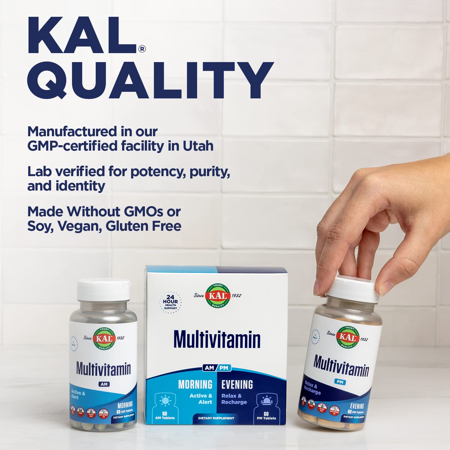 KAL Multivitamin AM/PM, 2-in-1 Womens and Mens Multivitamins Supplements, Turmeric, Tart Cherry, Organic Matcha and Spirulina for Immune,and Cellular Support, Gluten Free, 30 Servings, 120 Tablets