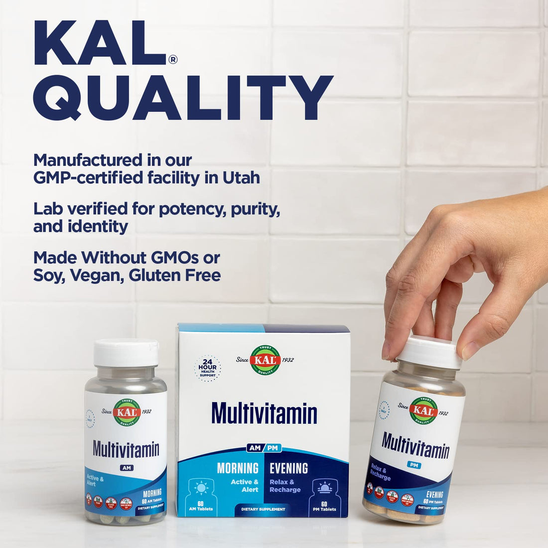 KAL Multivitamin AM/PM, 2-in-1 Womens and Mens Multivitamins Supplements, Turmeric, Tart Cherry, Organic Matcha and Spirulina for Immune,and Cellular Support, Gluten Free, 30 Servings, 120 Tablets