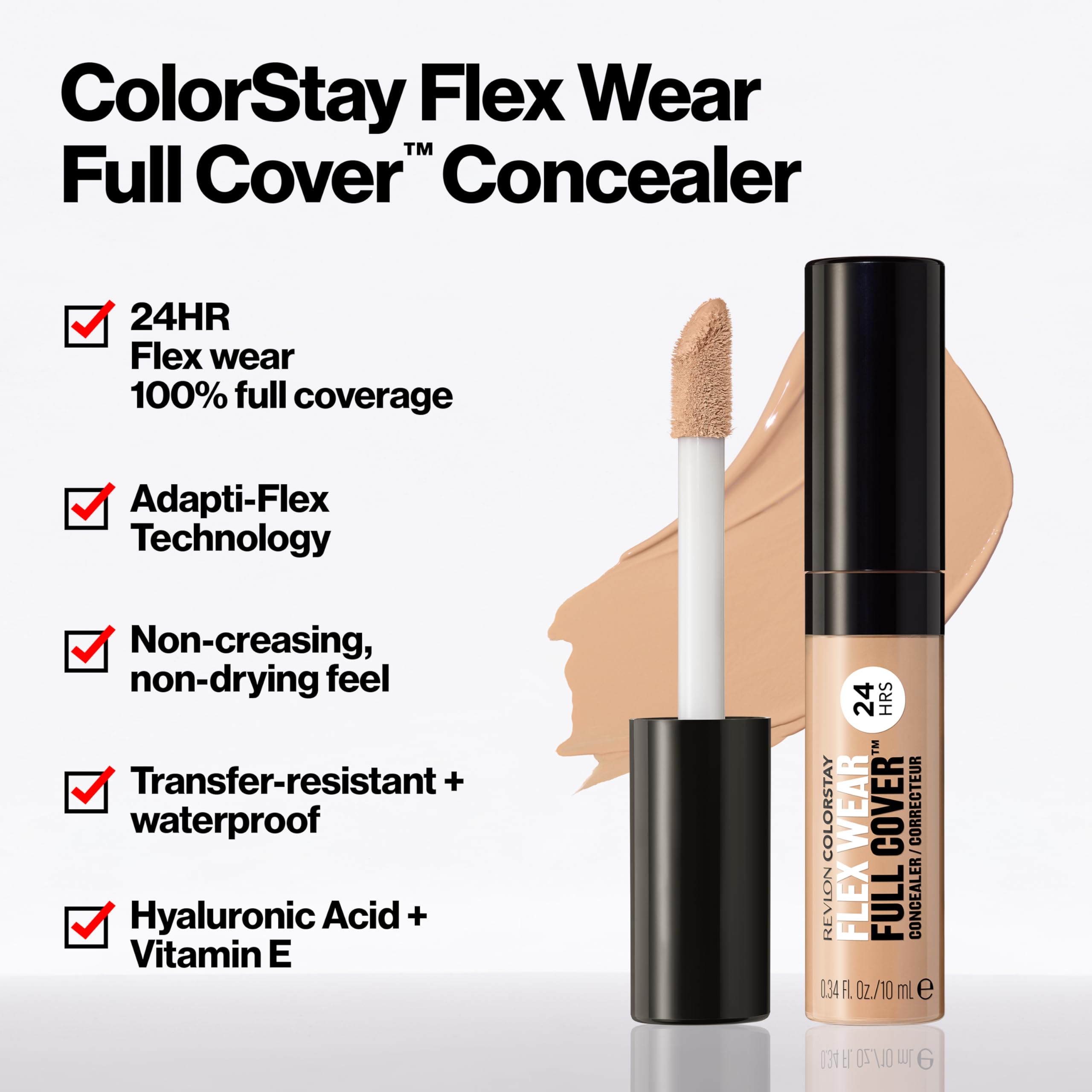 Revlon ColorStay Flex Wear, Full Cover Non-Creasing Concealer, Infused with Hyaluronic Acid & Vitamin E, Flexible Longwear, 040 Medium, 0.34 Fl Oz