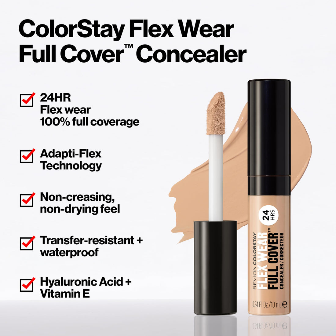 Revlon ColorStay Flex Wear, Full Cover Non-Creasing Concealer, Infused with Hyaluronic Acid & Vitamin E, Flexible Longwear, 030 Light Medium, 0.34 Fl Oz
