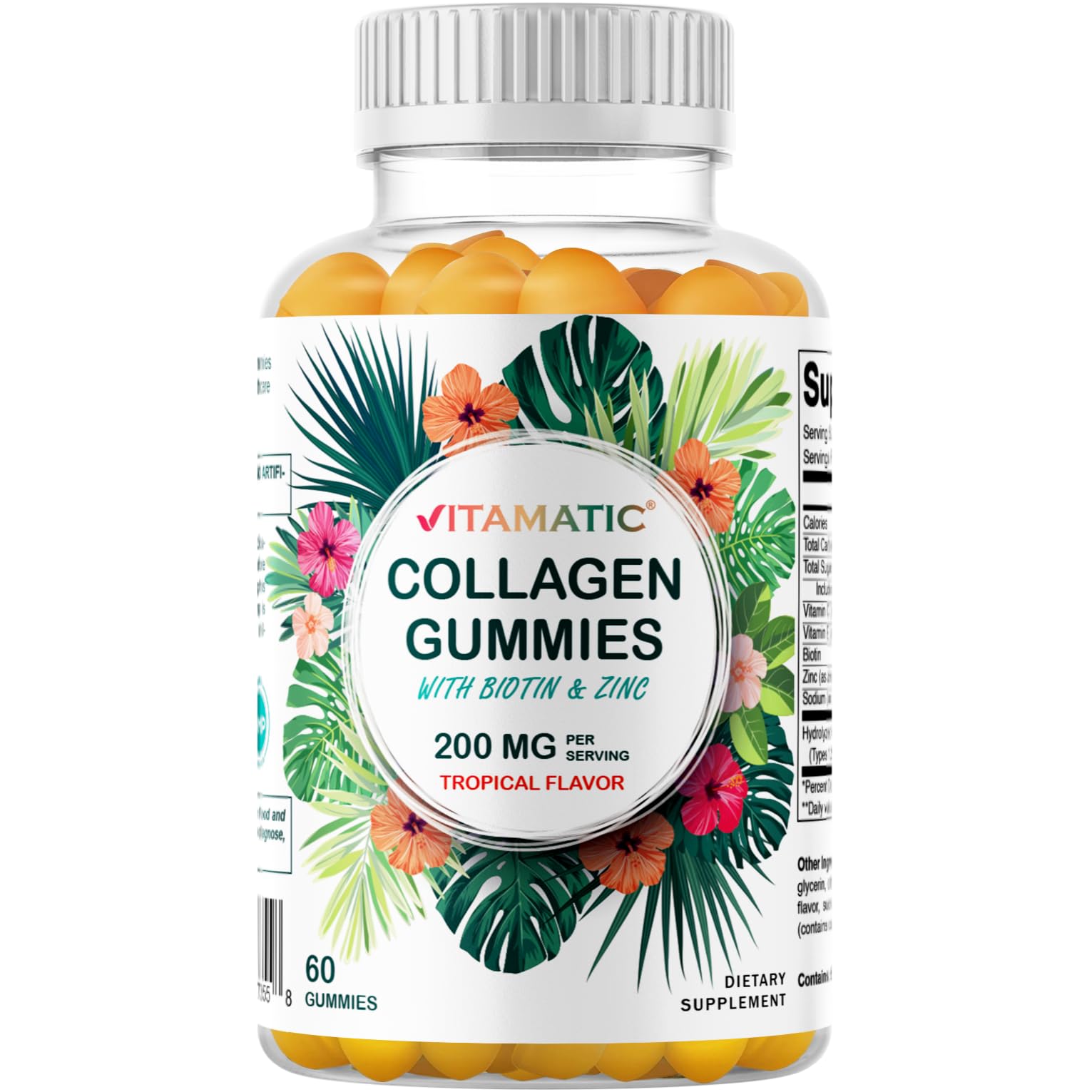 Vitamatic 2 Packs Hydrolyzed Collagen Gummies with Vitamin C, Zinc and Biotin, 200 mg - 60 Gummies (Total 120 Count)