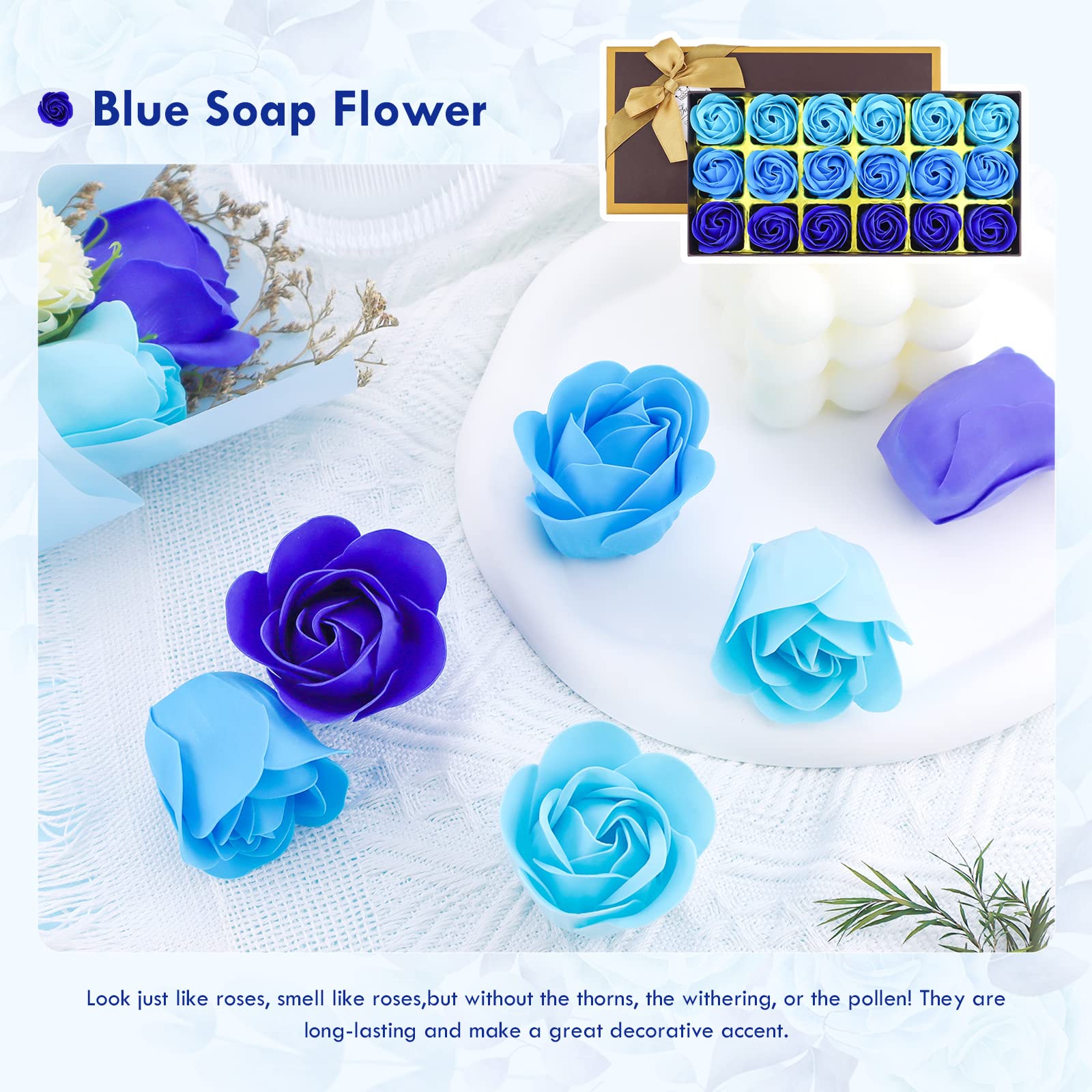 Floral Scented Bath Soap Rose Flower Petals, Jialeey Plant Essential Oil Rose Soap Set Guest Soap Shaped Petals Best Gifts Ideas For Her Women Teens Girls Mom Birthdays, 18 Pcs Blue