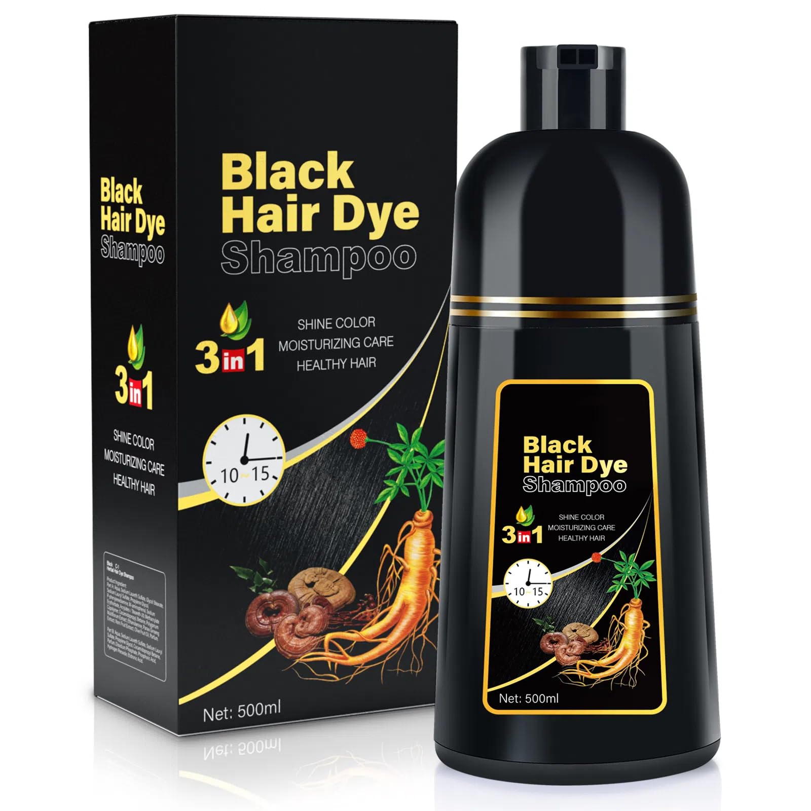 BOJICA Black Hair Dye 3 in 1 Shampoo for Gray Hair, Herbal Ingredients for Women&Men, Dye in Minutes/Semi-Permanent/(17.6 FL OZ)