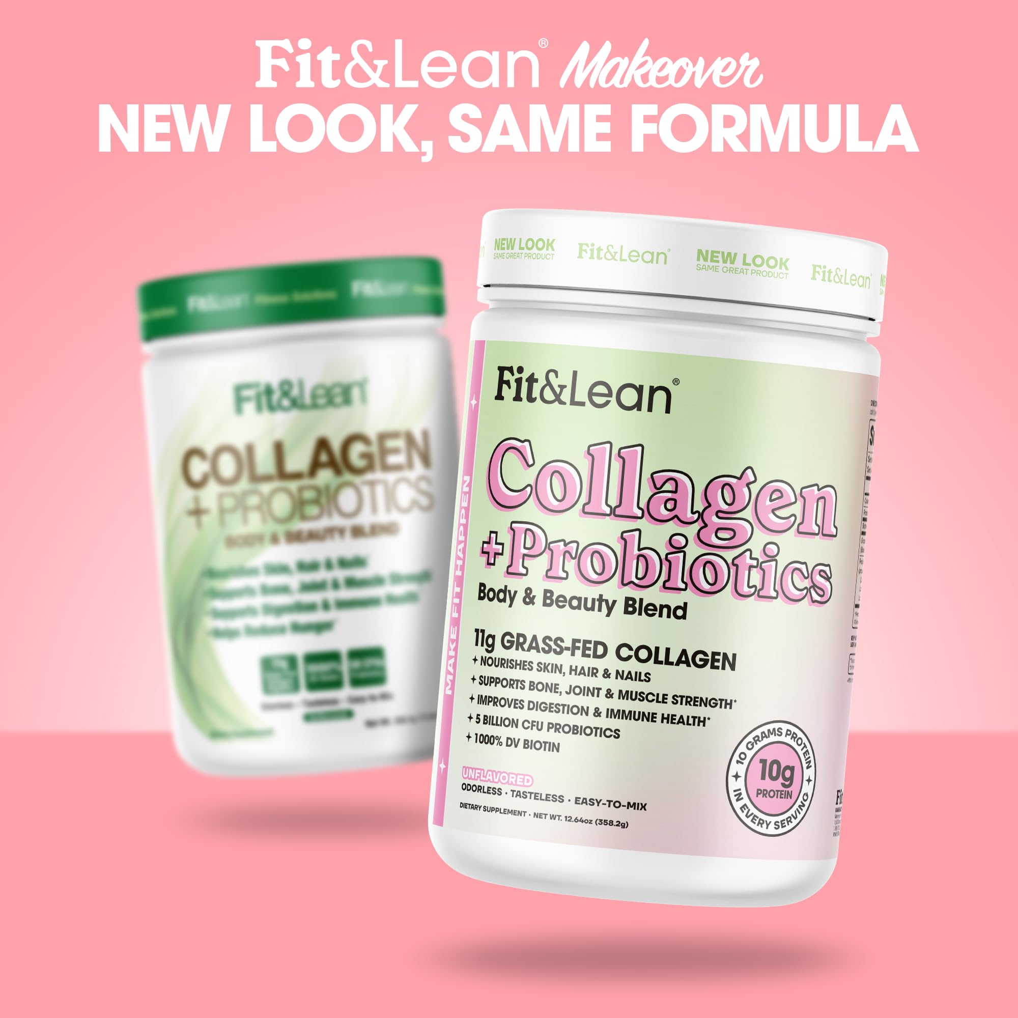 Fit & Lean Collagen + Probiotics- Grass-fed Collagen Peptide Powder, Unflavored, 12.64oz