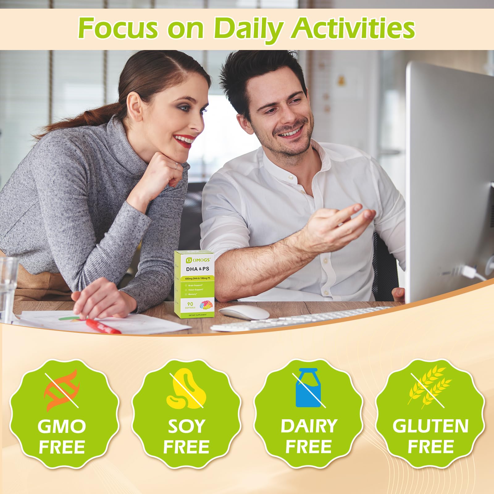 OMOGS Algae DHA - 600 mg Omega-3 DHA Softgels, with Phosphatidylserine & Walnut Oil, Supports Healthy Brain Function, Vision, Eye & Memory, Gluten Free, Non-GMO Vegan Algae Oil, 90 Softgels