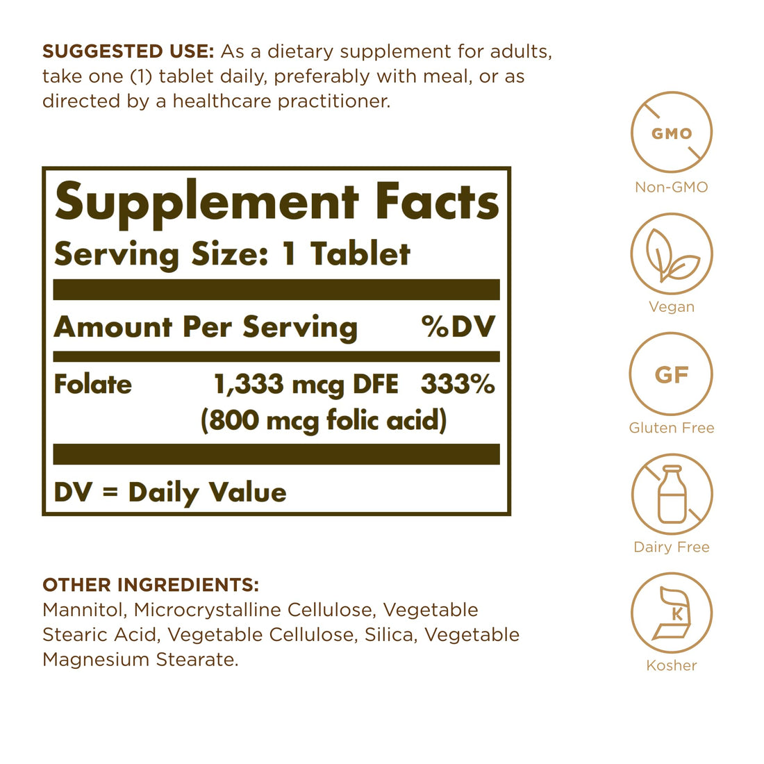 Solgar Folate 1,333 mcg DFE (Metafolin 800 mcg) - 100 Tablets, Pack of 2 - Prenatal Vitamin - Non-GMO, Gluten Free, Dairy Free, Kosher - 200 Total Servings