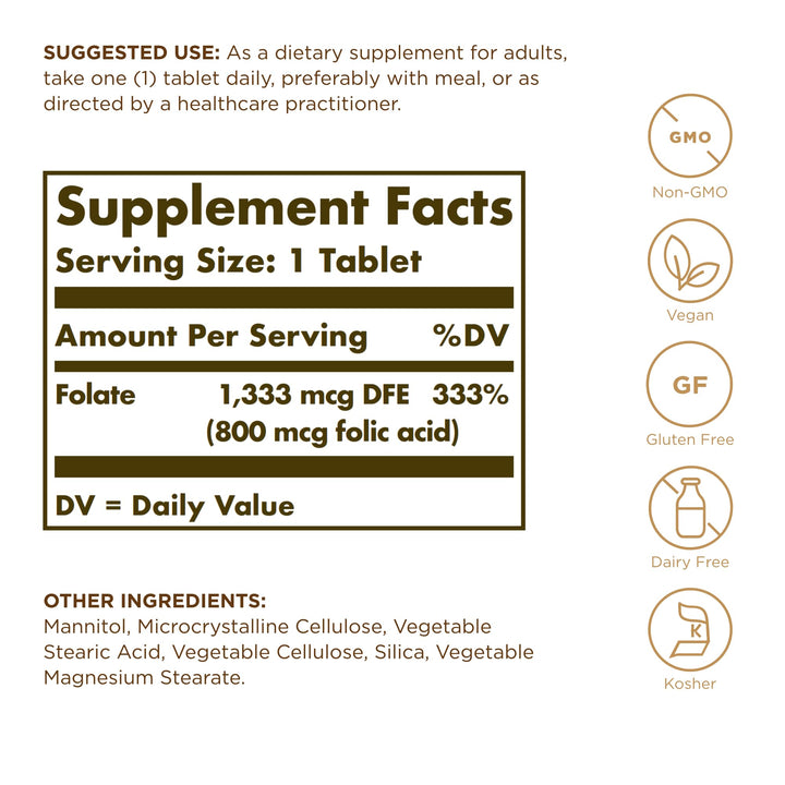 Solgar Folate 1,333 mcg DFE (Metafolin 800 mcg) - 100 Tablets, Pack of 2 - Prenatal Vitamin - Non-GMO, Gluten Free, Dairy Free, Kosher - 200 Total Servings