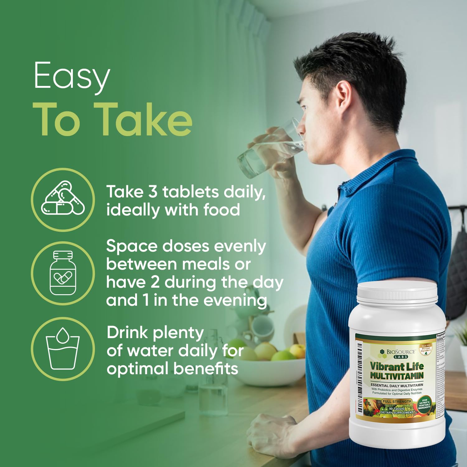 BioSource Labs Vibrant Life Multivitamin with Probiotics, Digestive Enzymes & B-Complex – Over 45 Fruits and Veggies, Non-GMO, Gluten-Free, Daily Vitamins & Minerals for Men & Women (30-Day Supply)