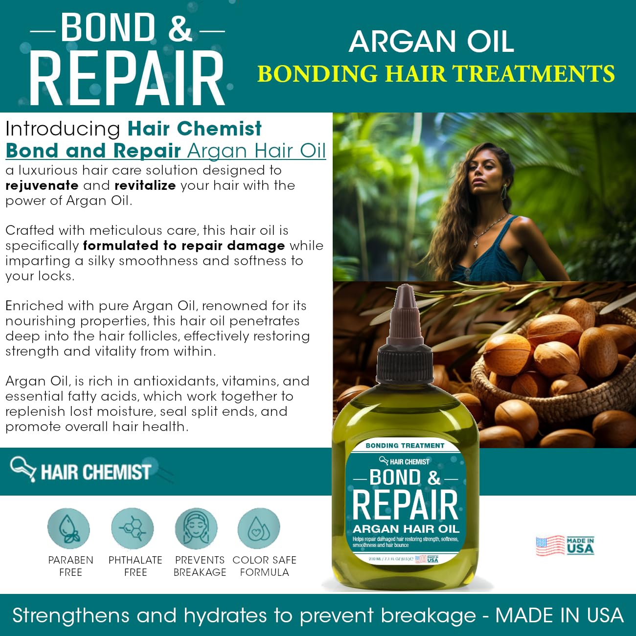 Hair Chemist Bond & Repair Argan Oil - Bonding Treatment for Damaged Hair, 7.1 Ounces
