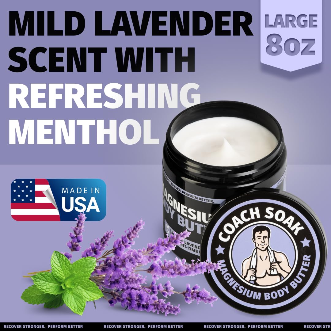 Coach Soak Nighttime Magnesium Body Butter, Thick Cream with High Magnesium Concentration, Soothes Muscles Overnight, Shea Butter, Almond Oil & Lavender, Large Size (8oz)