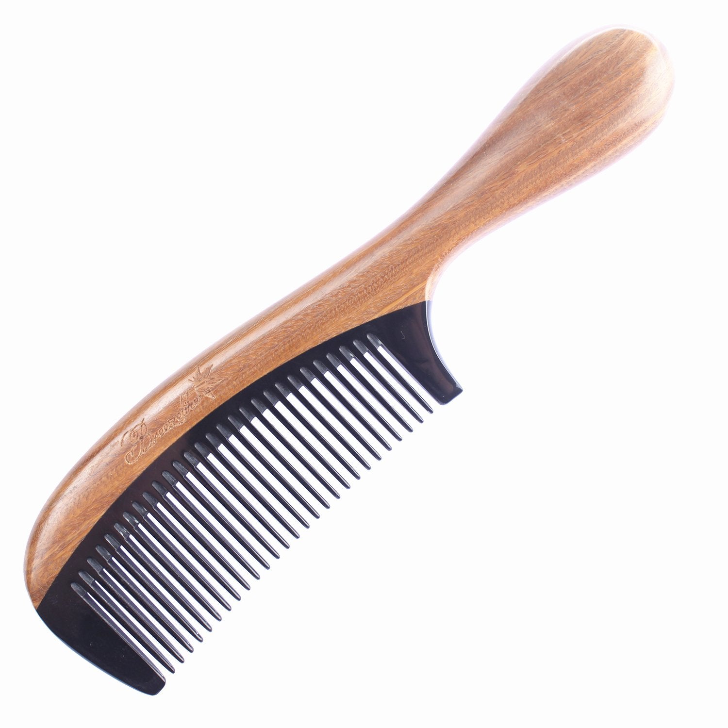 Breezelike No Static Black Buffalo Horn Fine Tooth Comb with Round Sandalwood Handle