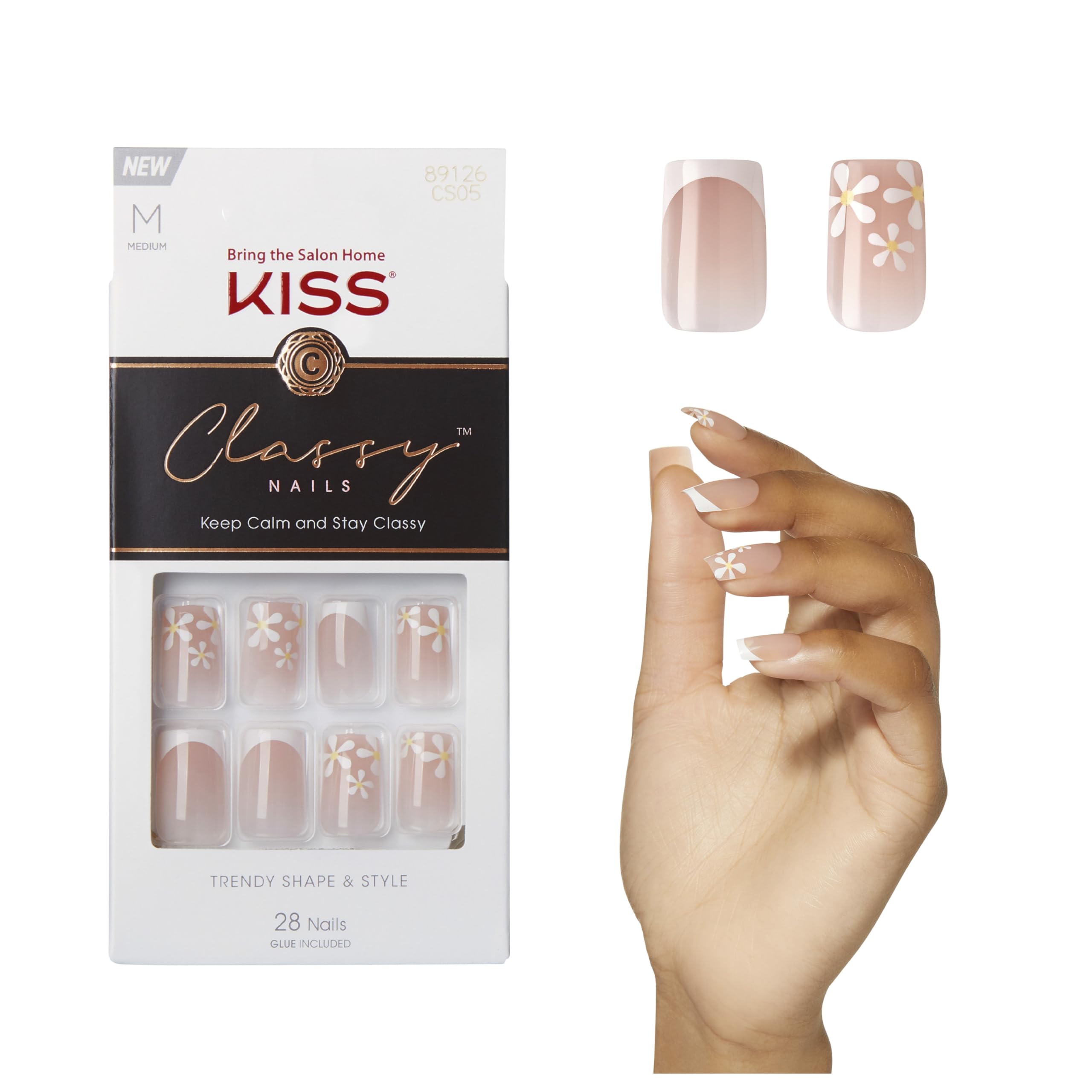 KISS Classy, Press On Nails, Nail glue included, 'Stay Charmed', White, Medium Size, Square Shape, Includes 28 Nails, 2g glue, 1 Manicure Stick, 1 Mini File
