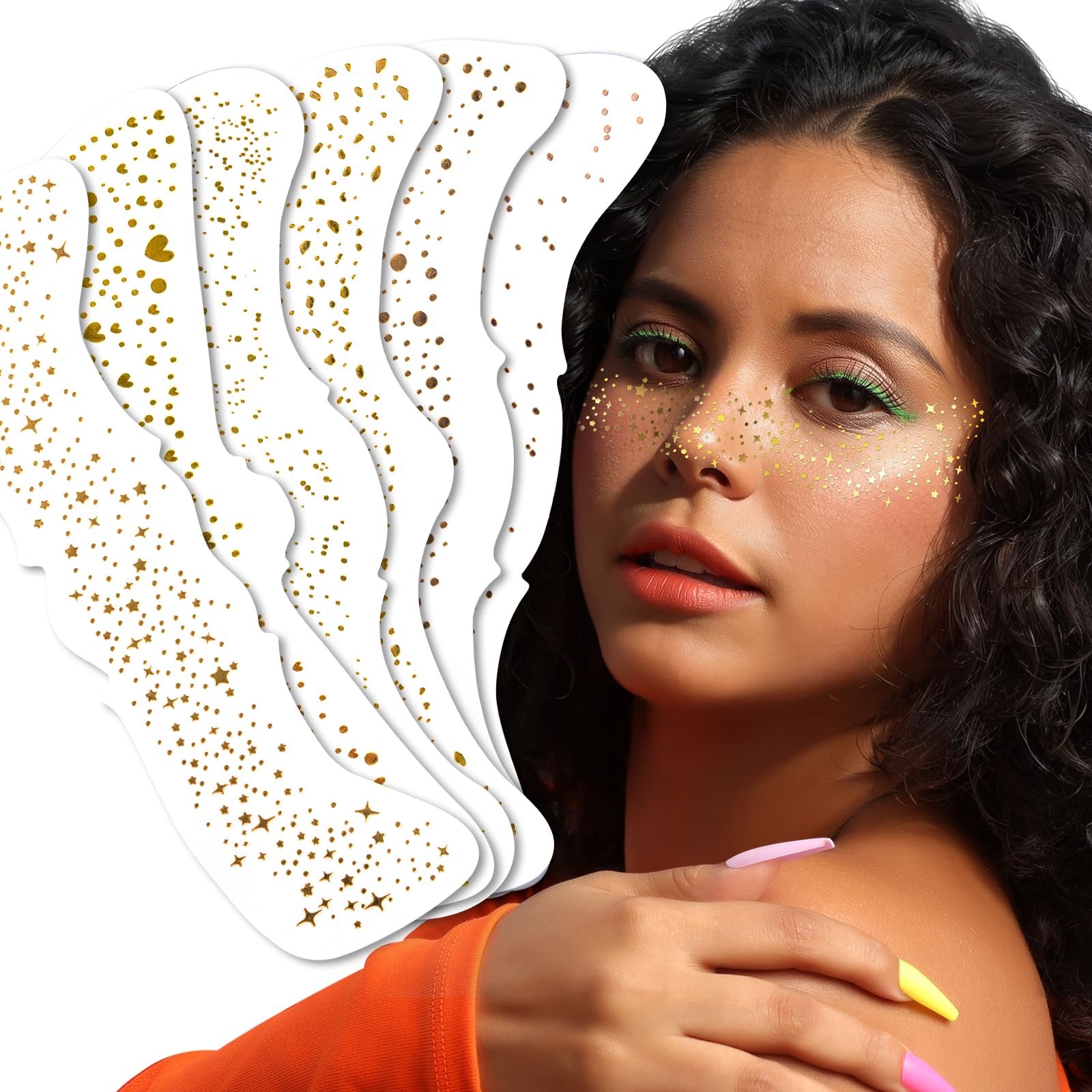 Teenitor 6 PCS Gold Face Glitter Freckles Face Tattoo, Gold Face Glitter Makeup Patches, Sweatproof Waterproof Face Freckles