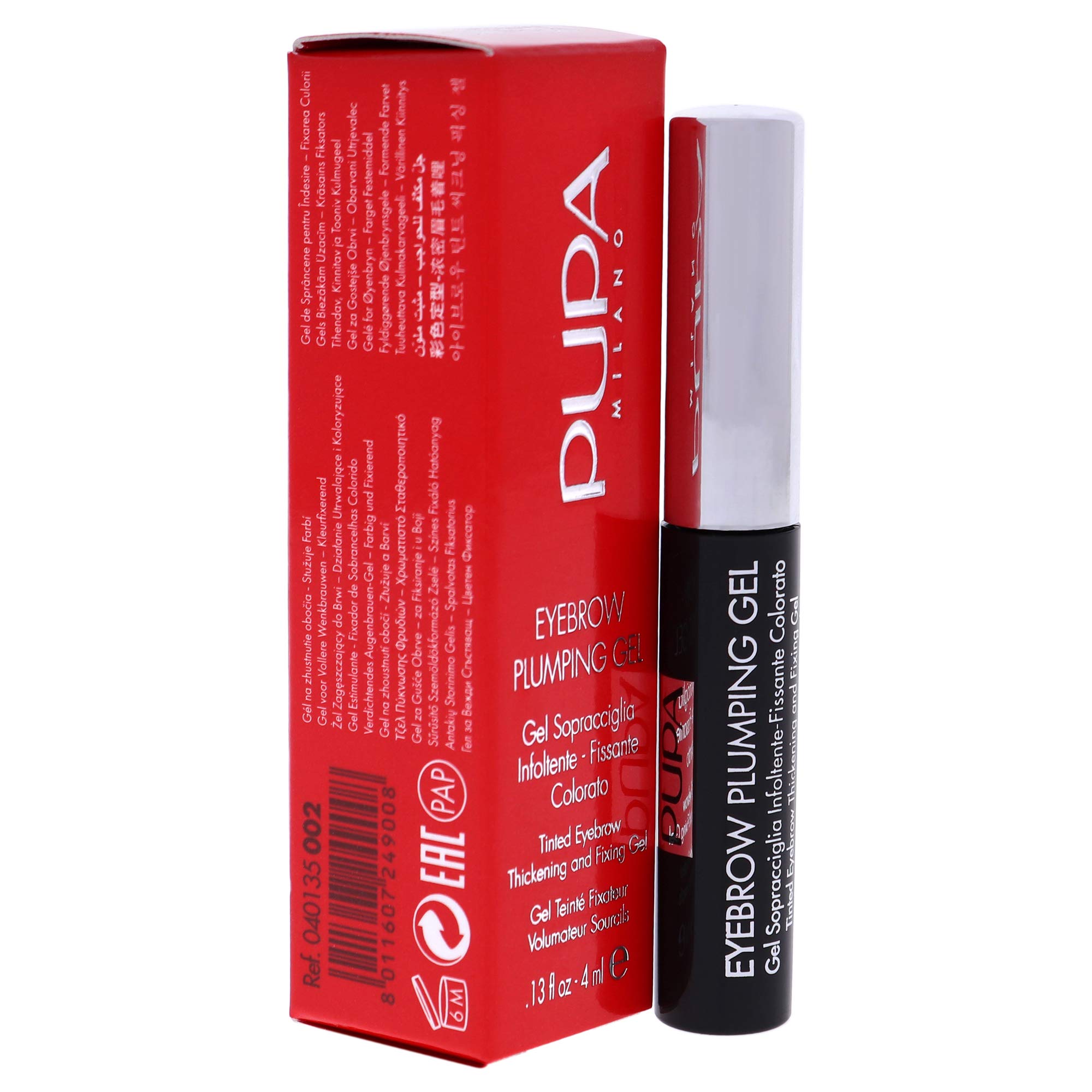 PUPA Milano Eyebrow Plumping Gel - Instant Grooming And Shaping - Fill And Volumize With Ease For Beautiful, Thick Brows - All Day Hold - Sculpt Your Arches With Precision - 002 Brown - 0.13 Oz