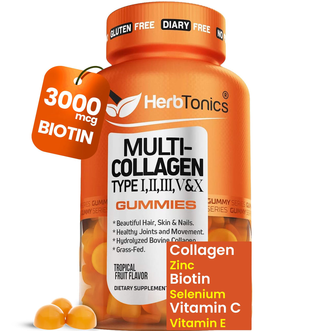 Herbtonics Multi Collagen for Women - Hair Skin and Nails Vitamins - Multi Collagen Complex with Biotin - Hydrolyzed Collagen Supplements for Women - 60 Gummies