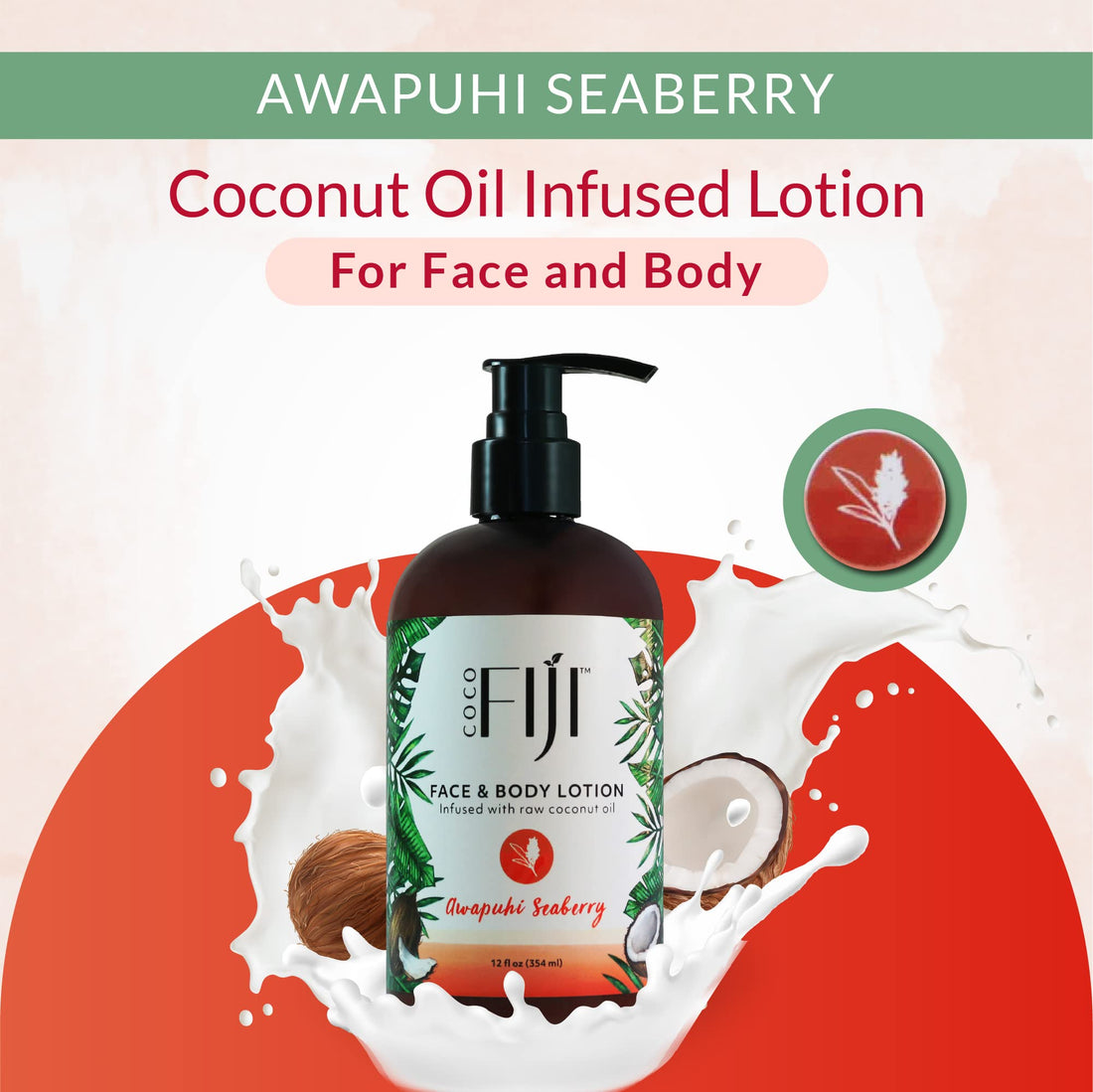 Organic Fiji Moisturizing Face and Body Organic Coconut Oil Lotion Awapuhi Seaberry 12 Ounce