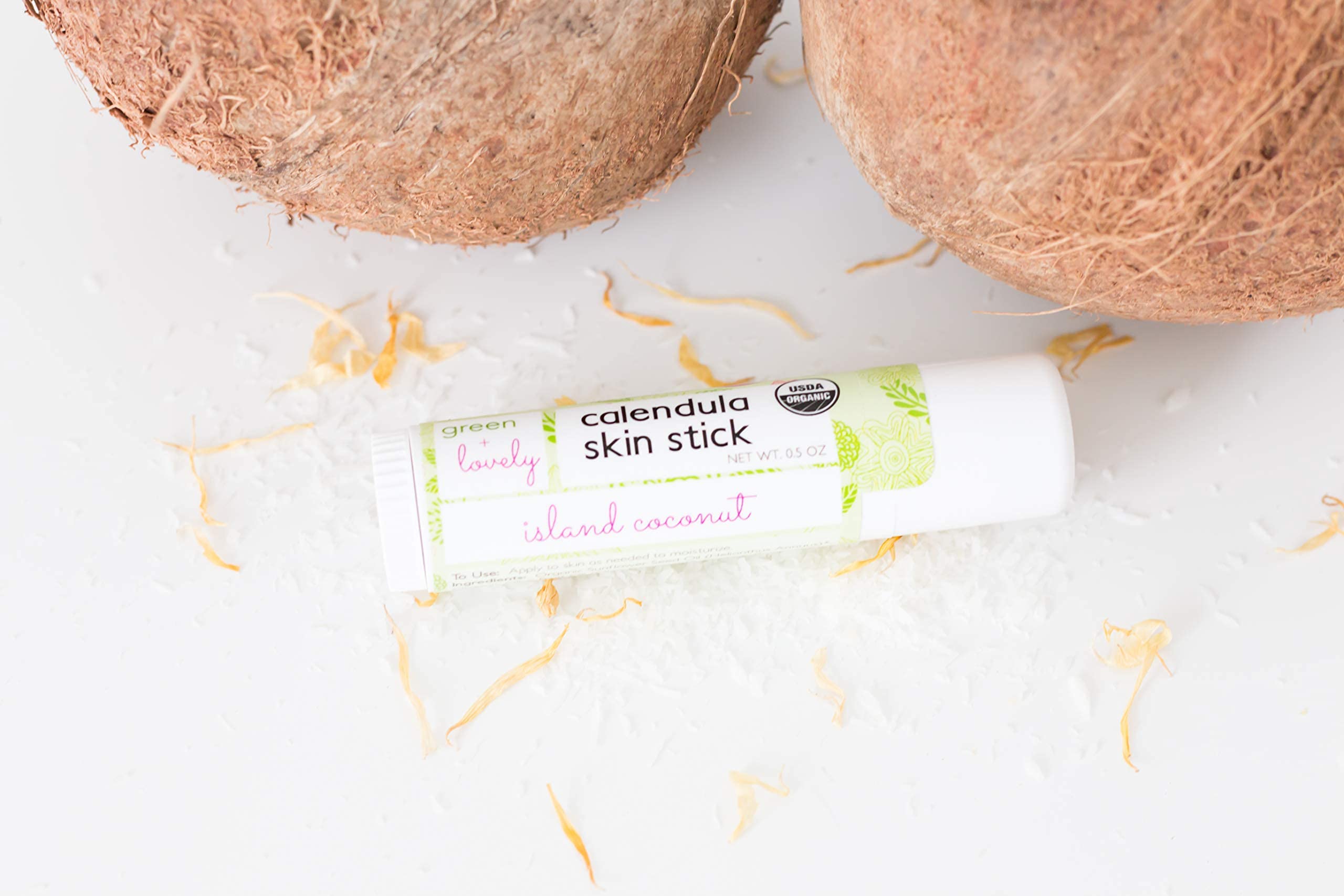 Green + Lovely Calendula Skin Stick Organic Lotion Sticks Moisturizing Balm Ointment Salve Multipurpose Hand Cream Body Bar, 0.5 oz., Island Coconut (1 Tube)