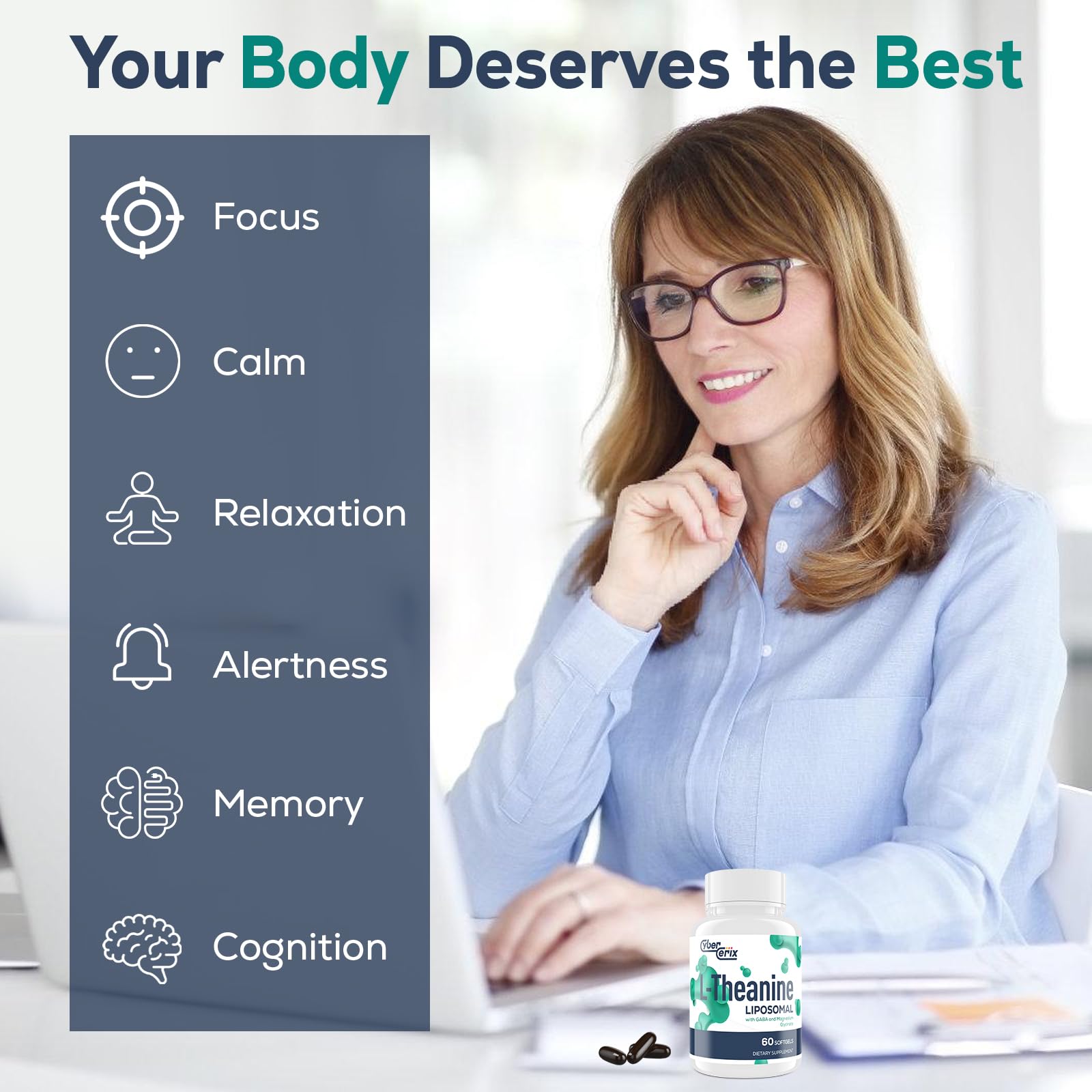 Liposomal L-Theanine 500mg, Complex with GABA 200mg & Magnesium 100mg, Extra Strength Supplement for Calm, Relaxation & Focus, Non-GMO & Gluten Free - 60 Capsules