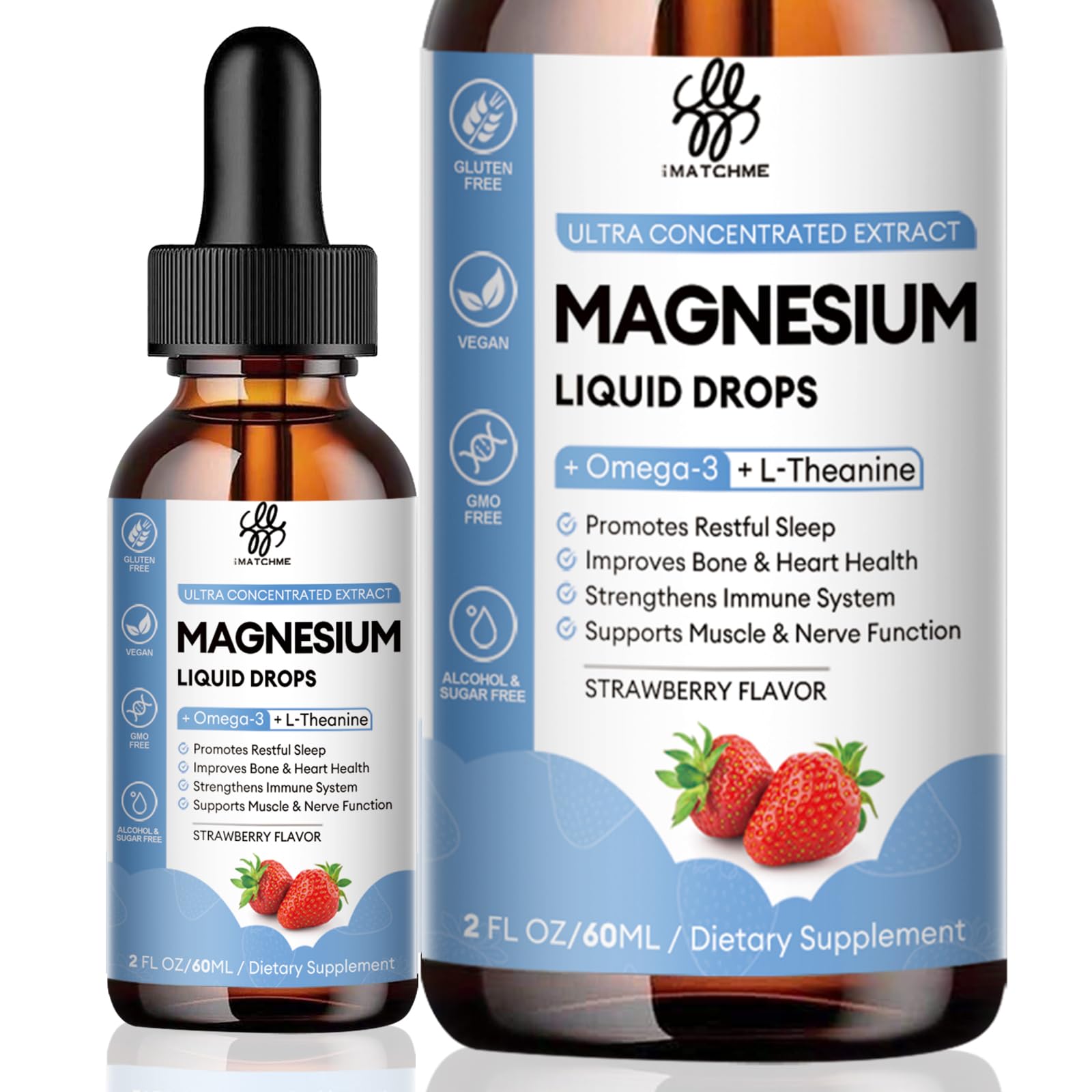 iMATCHME Magnesium Glycinate Liquid Drop with Citrate, Oxide and Taurate, Calm Magnesium with Omega3, L-Theanine, D3, B6, B12 for Calm, Sleep, Leg Cramps, Muscles, Energy, Sugar-Free Strawberry Flavor