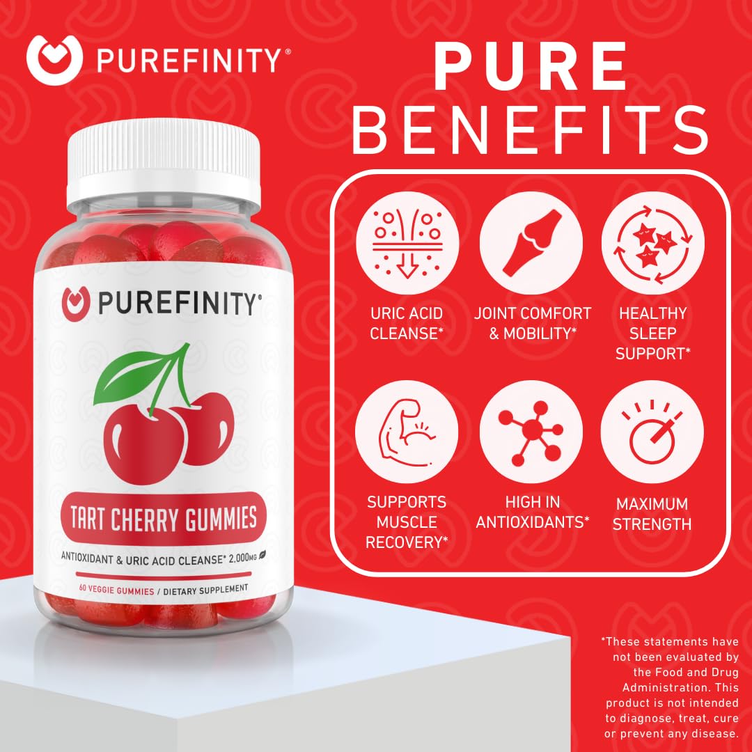 PUREFINITY Tart Cherry Gummies – Uric Acid Flush for Joint Relief & Recovery, Raw Juice Extract Antioxidant – Non-GMO, Gluten Free, Vegan, 60 Count
