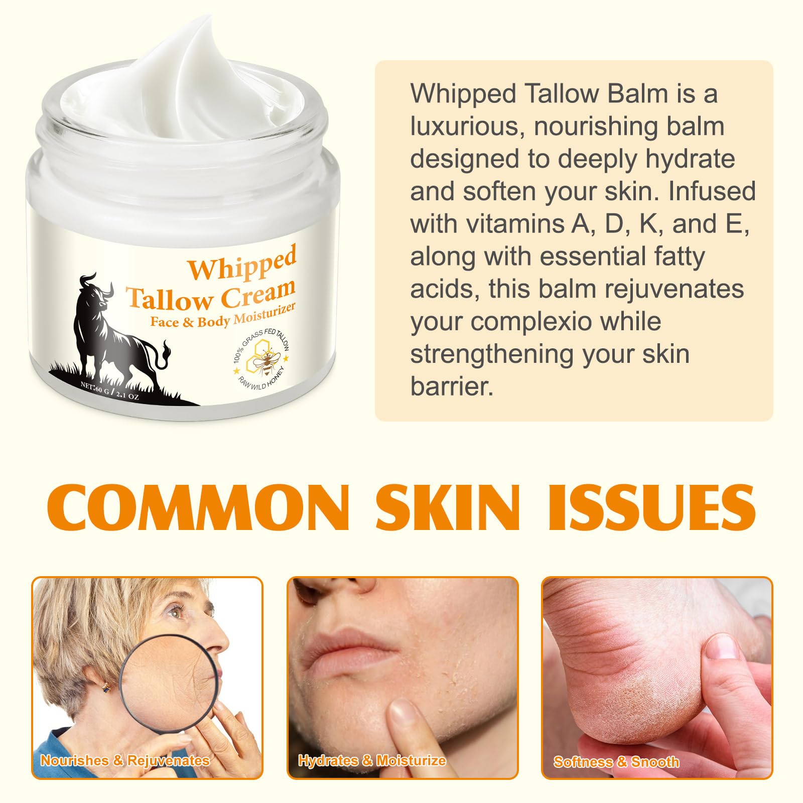 Organic Beef Tallow for Skin, Tallow And Honey Balm for Face & Body, Whipped Grass Fed Beef Tallow Face Moisturizer Deep Hydration, Soothes Dryness, Repairs Skin Barrier, Natural Body Butter