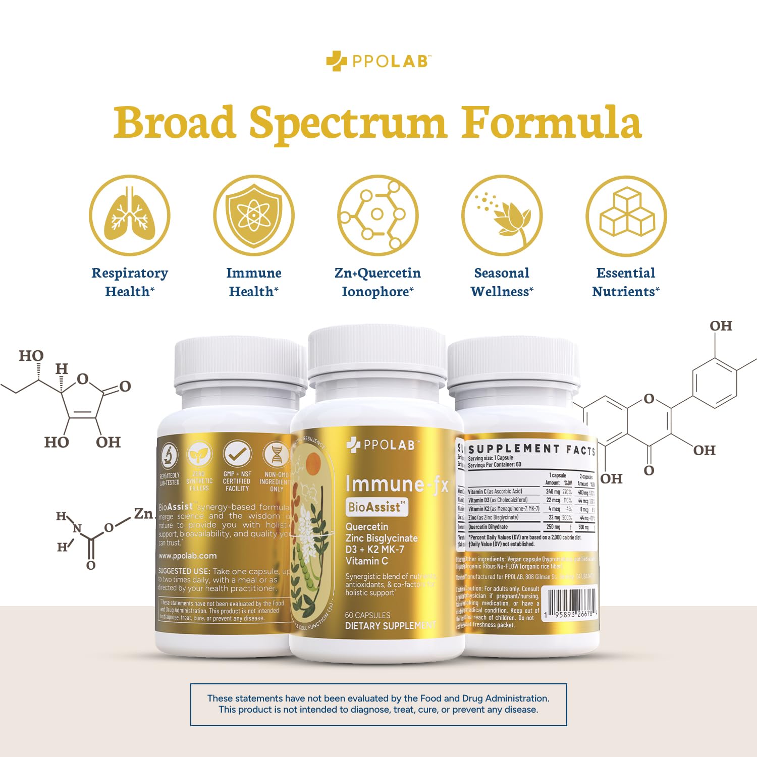 Immune-fx™ Advanced Daily Chelated Zinc Ionophore Immune Support Supplement with Quercetin 500mg Bioflavonoid, Antioxidant Vitamin C, D3, K2, DNA Heart Lung Aid, Clean Certified® 60 Vegan Capsules