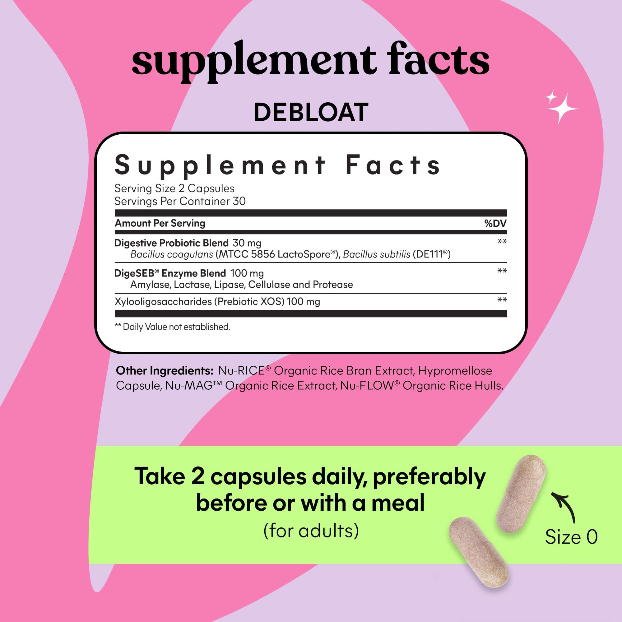 Lemme Debloat 3-in-1 Prebiotic, Probiotic & Digestive Enzyme Capsules for Bloating & Gas Relief - 2 Clinically Studied Probiotics w/5 Digestive Enzymes to Improve Digestion, Women & Men, (60 Count)