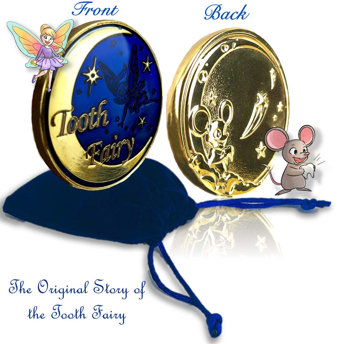 Liphontcta Gold Tooth Fairy Coin Gift Keepsake with Tooth Fairy Story Video for Boys and Girls with Velvet Pouch