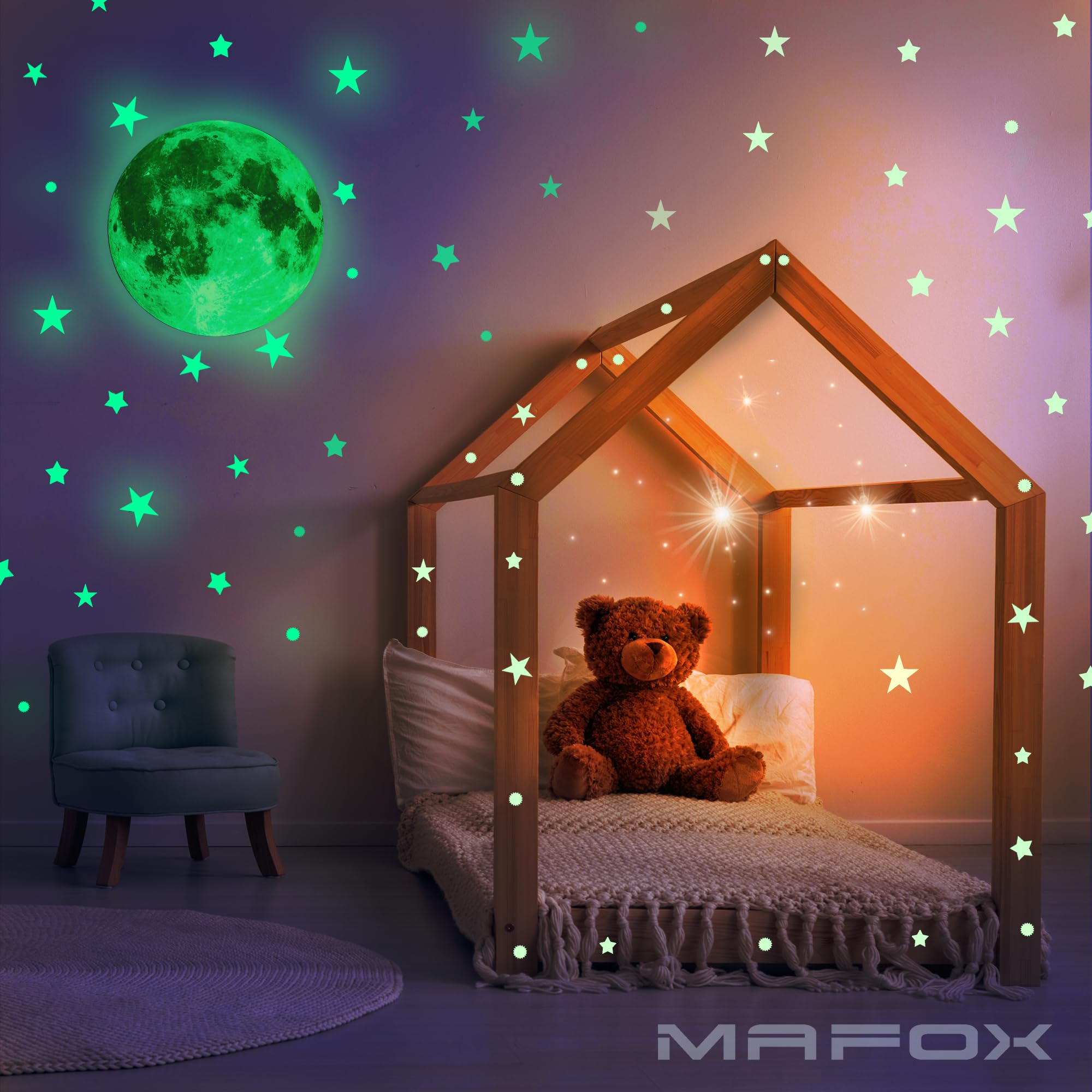 MAFOX Glow in The Dark Wall or Ceiling Stars with Moon Stickers – Luminous Decal Stickers for Simulated Moon Effect at Night – Ideal Kids Decor or Adults – for Kids Boys Girls