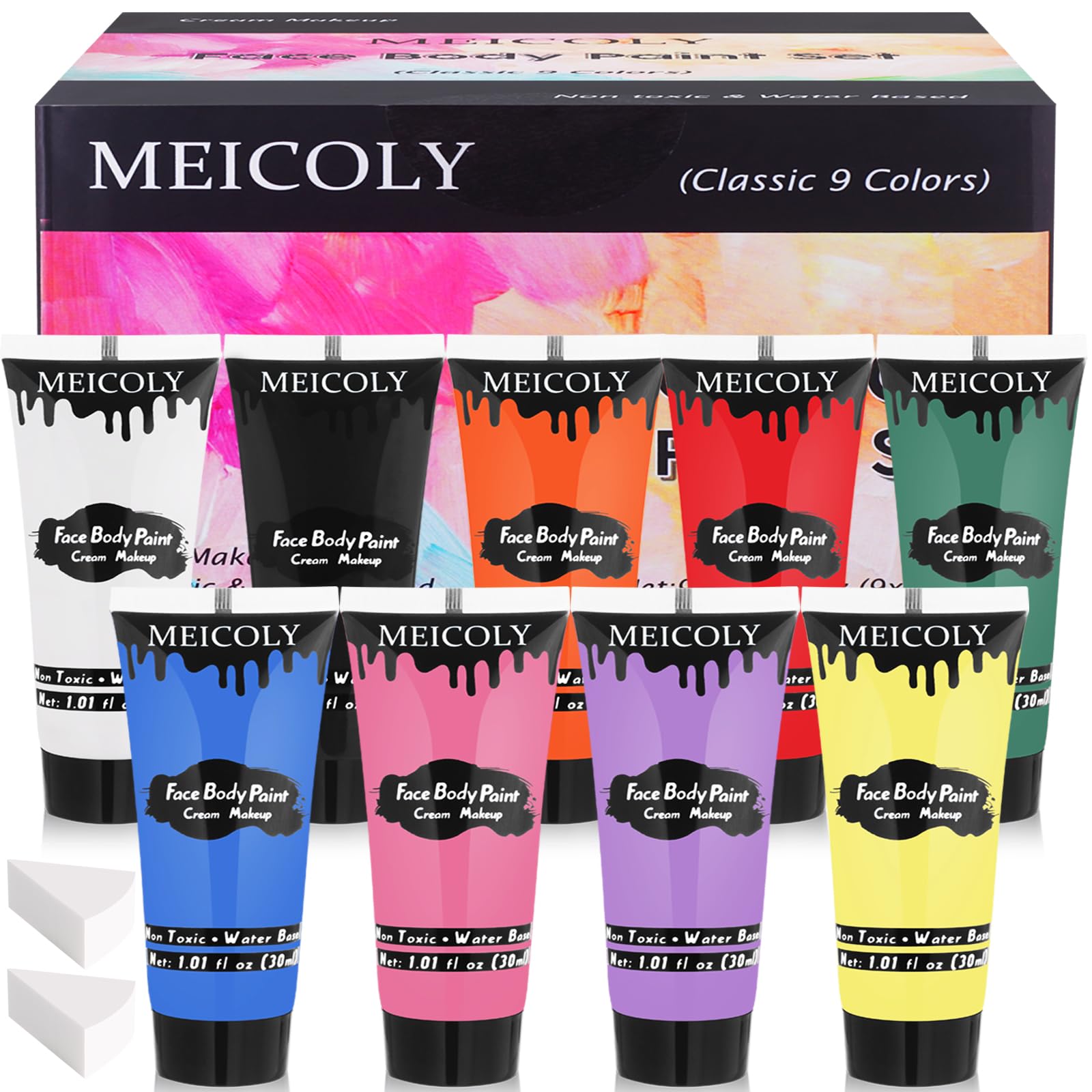 MEICOLY 9 Colors Face Body Paint Set,1.01x9oz/Box,Water Based Washable Face Paint for Adult Kid,Elphaba Green Face Paint,Safe Body Paint for Skin,Red White Blue Face Painting Kit for Halloween Makeup