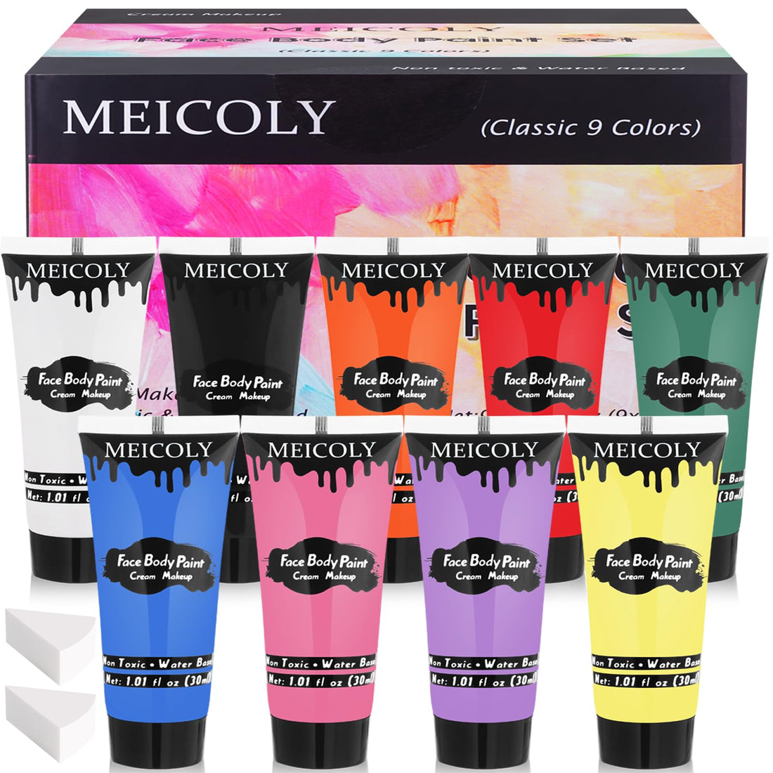 MEICOLY 9 Colors Face Body Paint Set,1.01x9oz/Box,Water Based Washable Face Paint for Adult Kid,Elphaba Green Face Paint,Safe Body Paint for Skin,Red White Blue Face Painting Kit for Halloween Makeup
