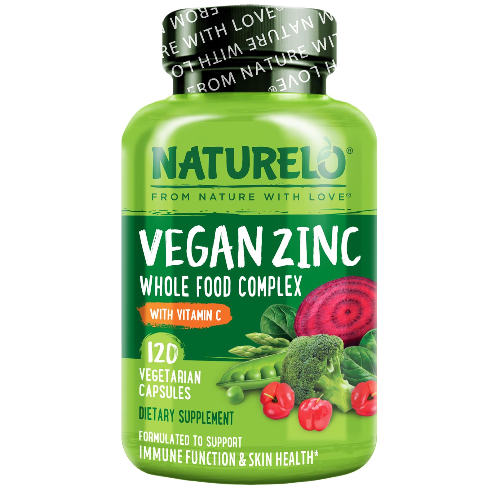 NATURELO Vegan Zinc Whole Food Complex Supplement with Vitamin C for Immune Support and Healthy Skin, Hair, and Nails - 120 Capsules