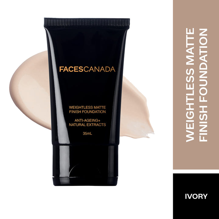 FACESCANADA Weightless Matte Foundation - Liquid Natural Matte Finish, Enriched with Grape extracts and Shea Butter, Dermatologically Tested, All Skin Types, Ivory 35 ml