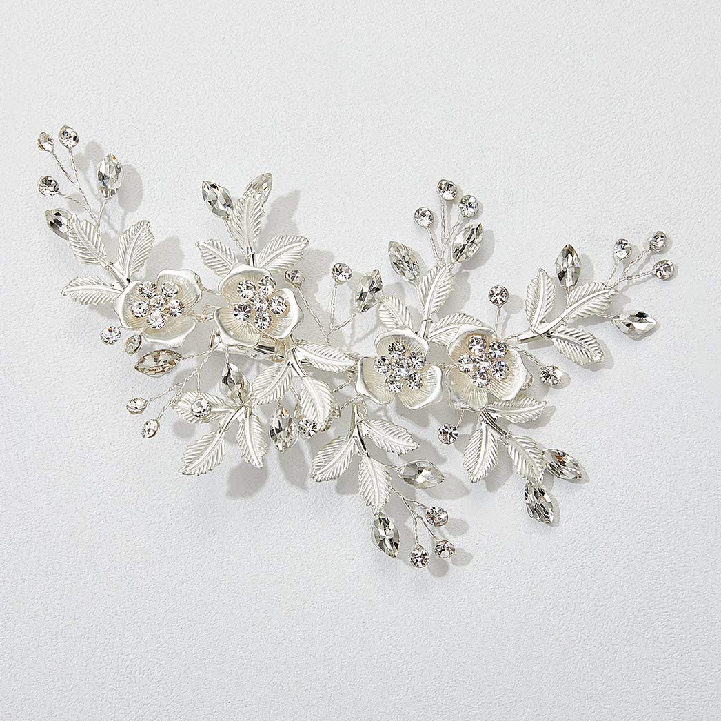 SWEETV Rhinestone Wedding Clip Silver - Bridal Comb Barrette Handmade Flower Clip Head Pieces for Women