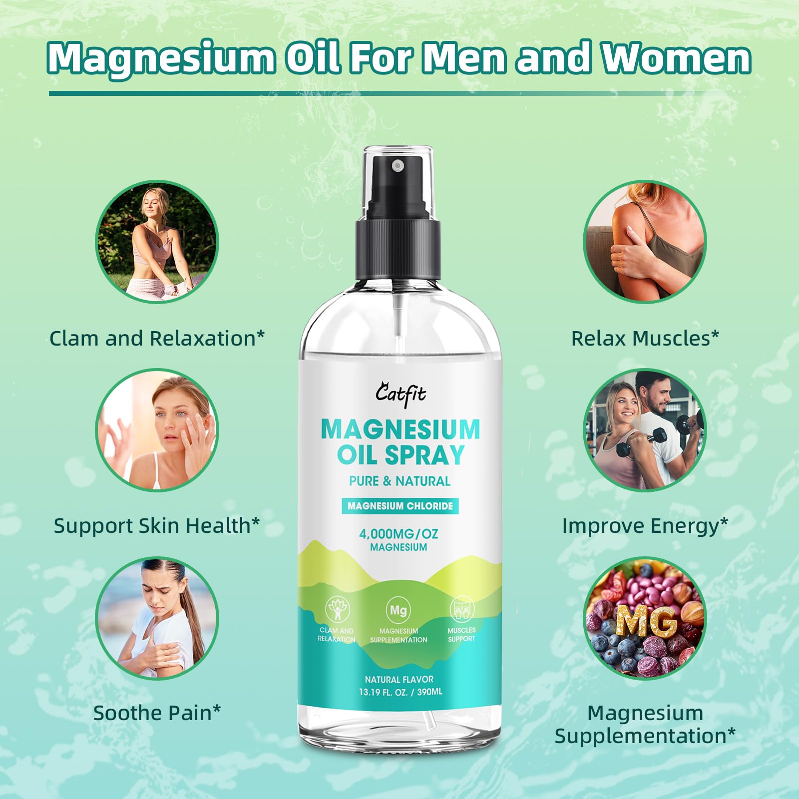 Magnesium Oil Spray - Pure & Natural Magnesium chloride Oil High Potency Trace Minerals - Topical Magnesium Spray for Feet and Sleep, Soothing Muscles, Mood Support - High Absorption - 390ml(13.19 Oz)