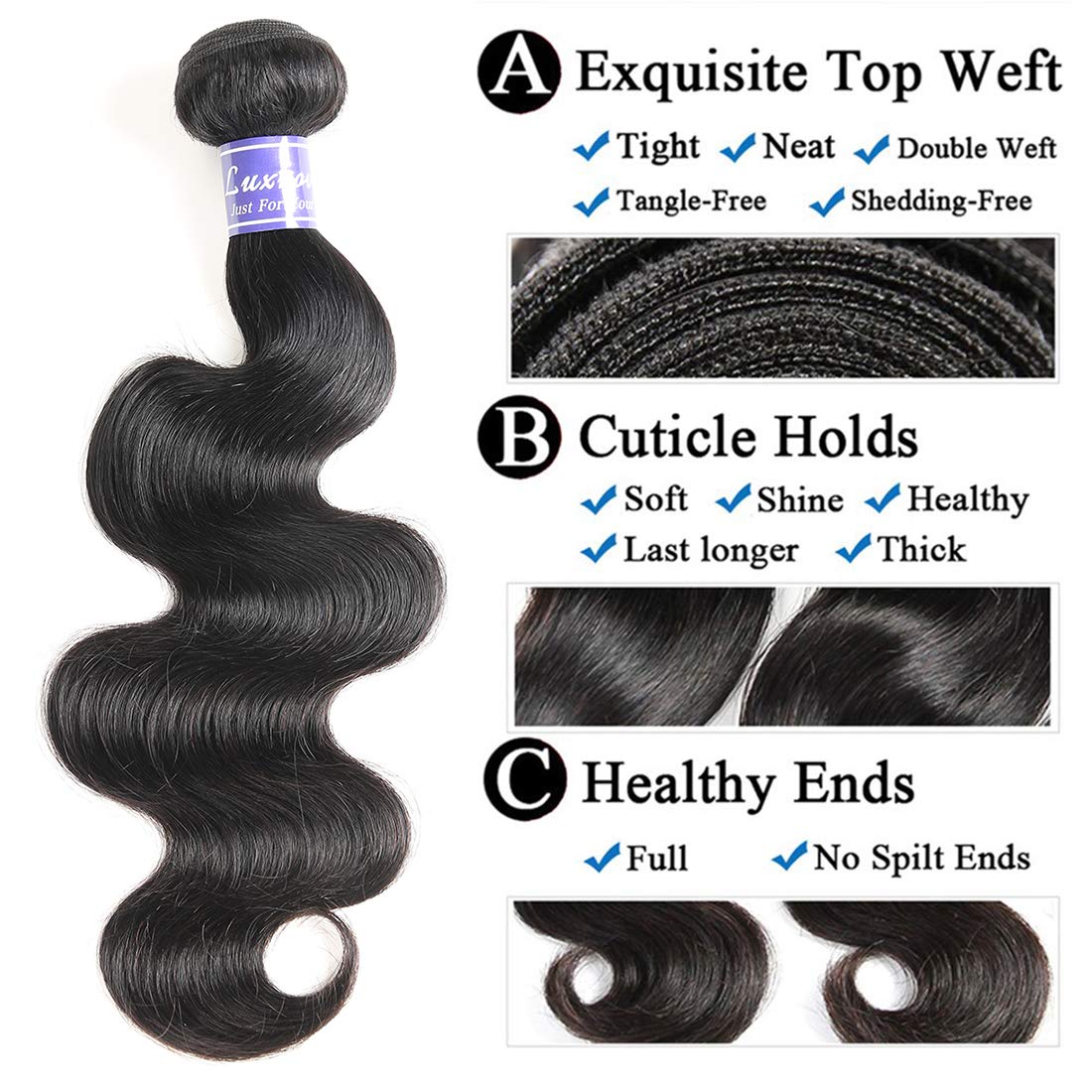 Luxnovolex Brazilian Hair Bundles Body Wave Unprocessed 100% Human Hair Bundles Brazilian Virgin Short Human Hair Extensions 300g (8 10 12)