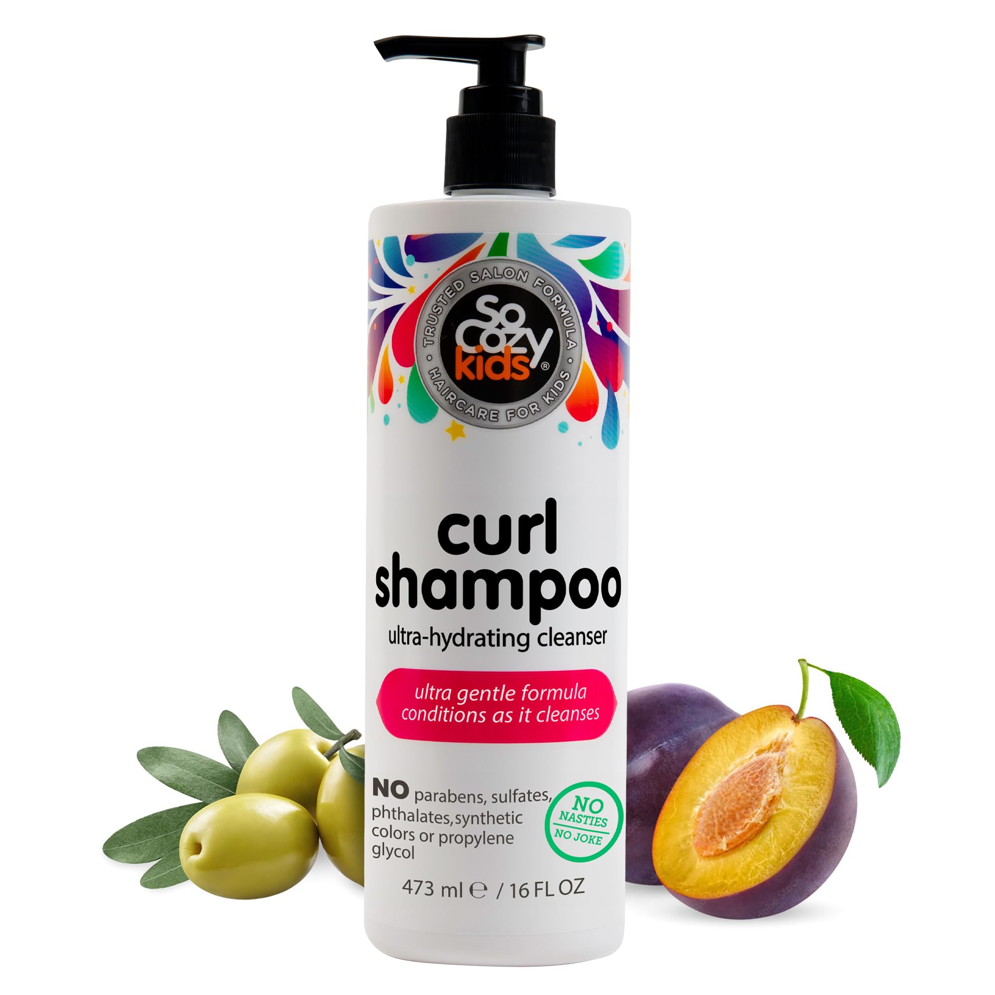 SO COZY Curl Shampoo for Kids Curly Hair (16 Fl Oz Pump) Gentle Hydrating Cleanser, Helps Improve Elasticity, Reduce Breakage & Frizz with Keratin, Plum Seed Oil & Olive Oil, Paraben & Sulfate-Free