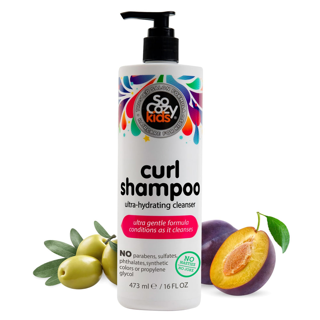 SO COZY Curl Shampoo for Kids Curly Hair (16 Fl Oz Pump) Gentle Hydrating Cleanser, Helps Improve Elasticity, Reduce Breakage & Frizz with Keratin, Plum Seed Oil & Olive Oil, Paraben & Sulfate-Free