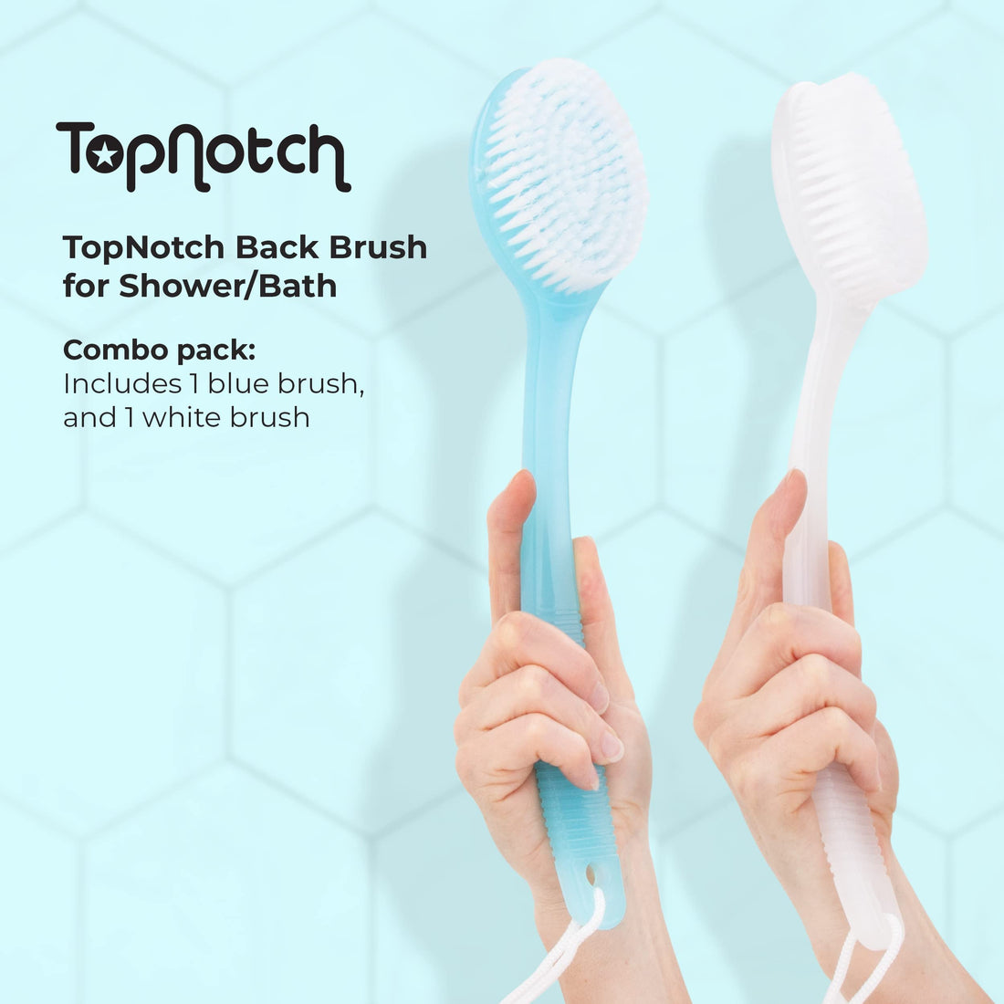 TopNotch® Quality Bath Brush Value Pack - 2 Brushes. 1 Clear and 1 Blue, Shower Brush. Back Scrubber. Long Handle