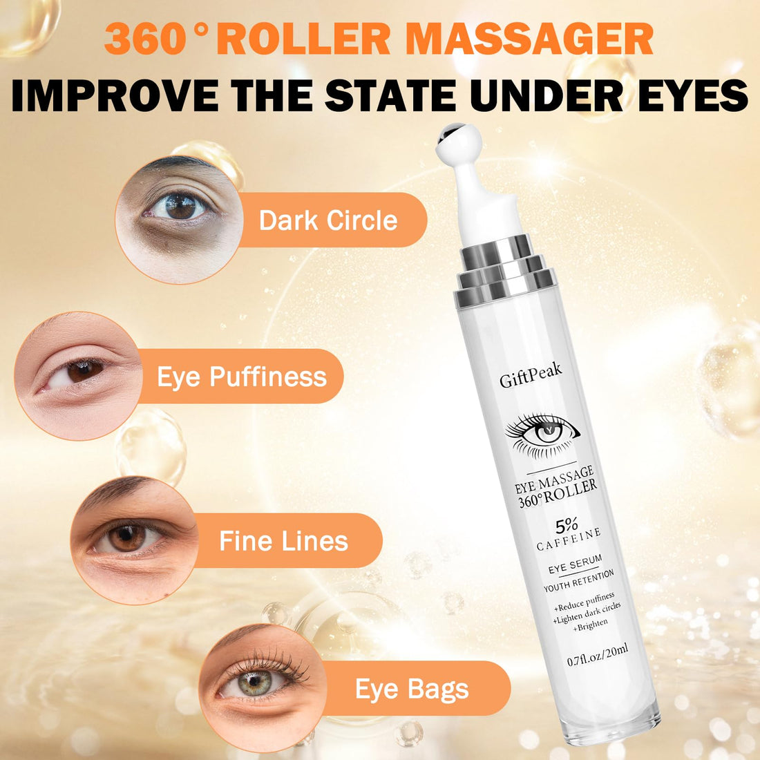 Caffeine Eye Serum for Dark Circles,Eye Serum Roller Eye Skin Care for Puffy Eye Bags Fine Lines Dark Circles Wrinkles Under Eye Cream For Women & Men 0.5 fl. oz