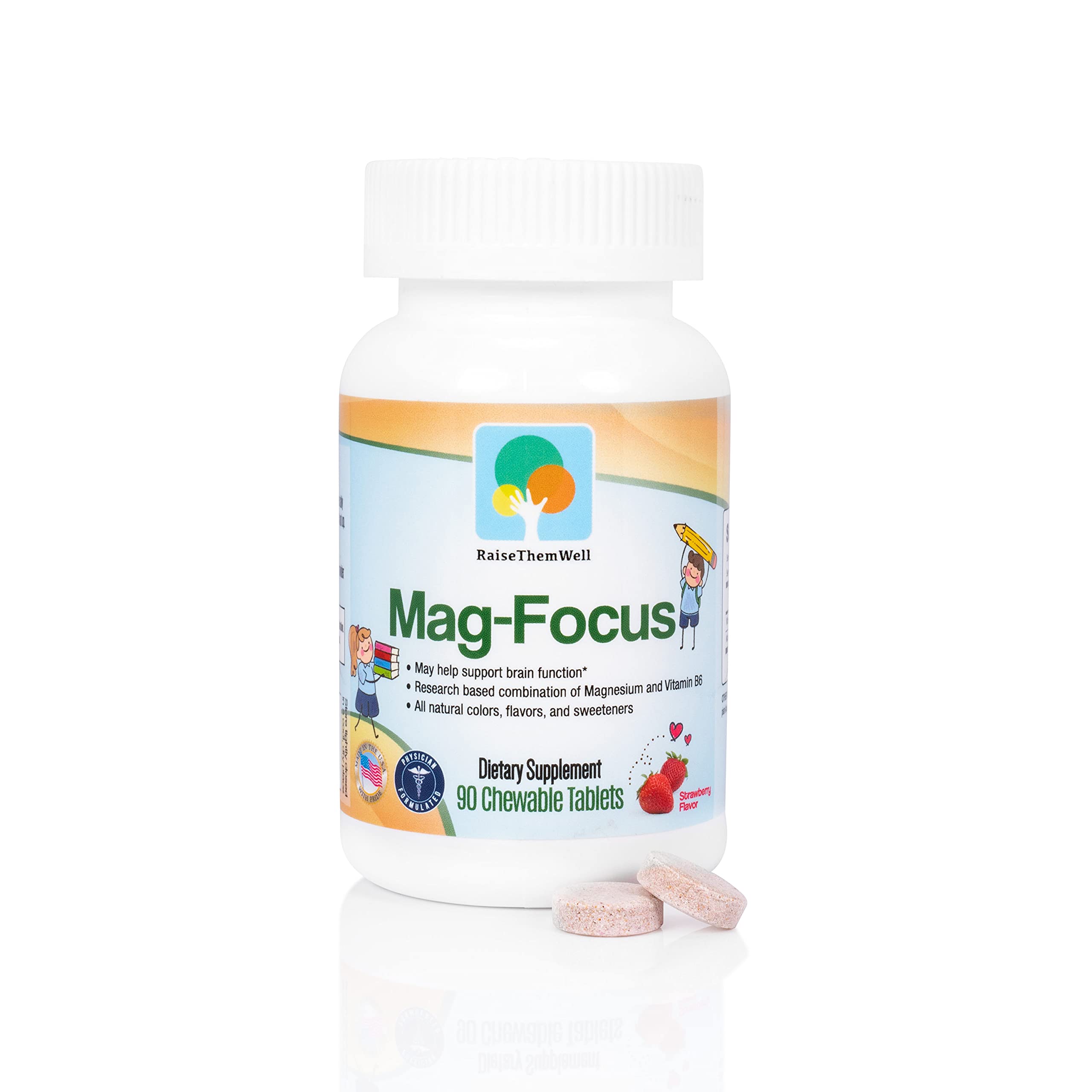 Raise Them Well Magnesium Focus Supplement for Kids | Natural Strawberry Flavored | 90 Chewable Tablets